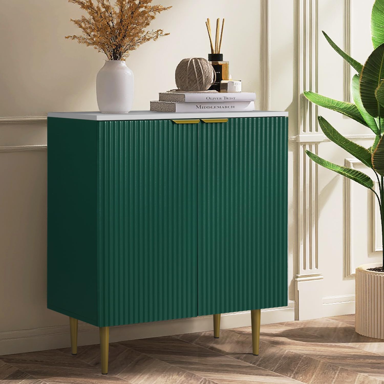 ENSTVER Fluted Door Cabinet, Green, 27.56"W x 14.96"D x 31.1"H, Traditional Style, 2 Doors, 1 Shelf, Adjustable Shelves, Dining Room, Kitchen, Living Room