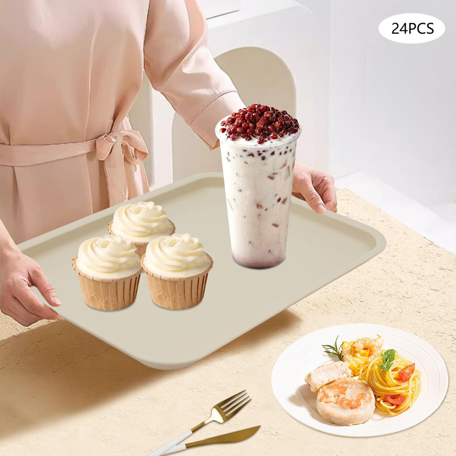 Set di 24 vassoi da servizio antiscivolo Fast Food Tray impilabili per lavastoviglie e forno a microonde, grande vassoio da pranzo rettangolare per ristoranti, cucine, hotel, 36 x 27 x 2 cm