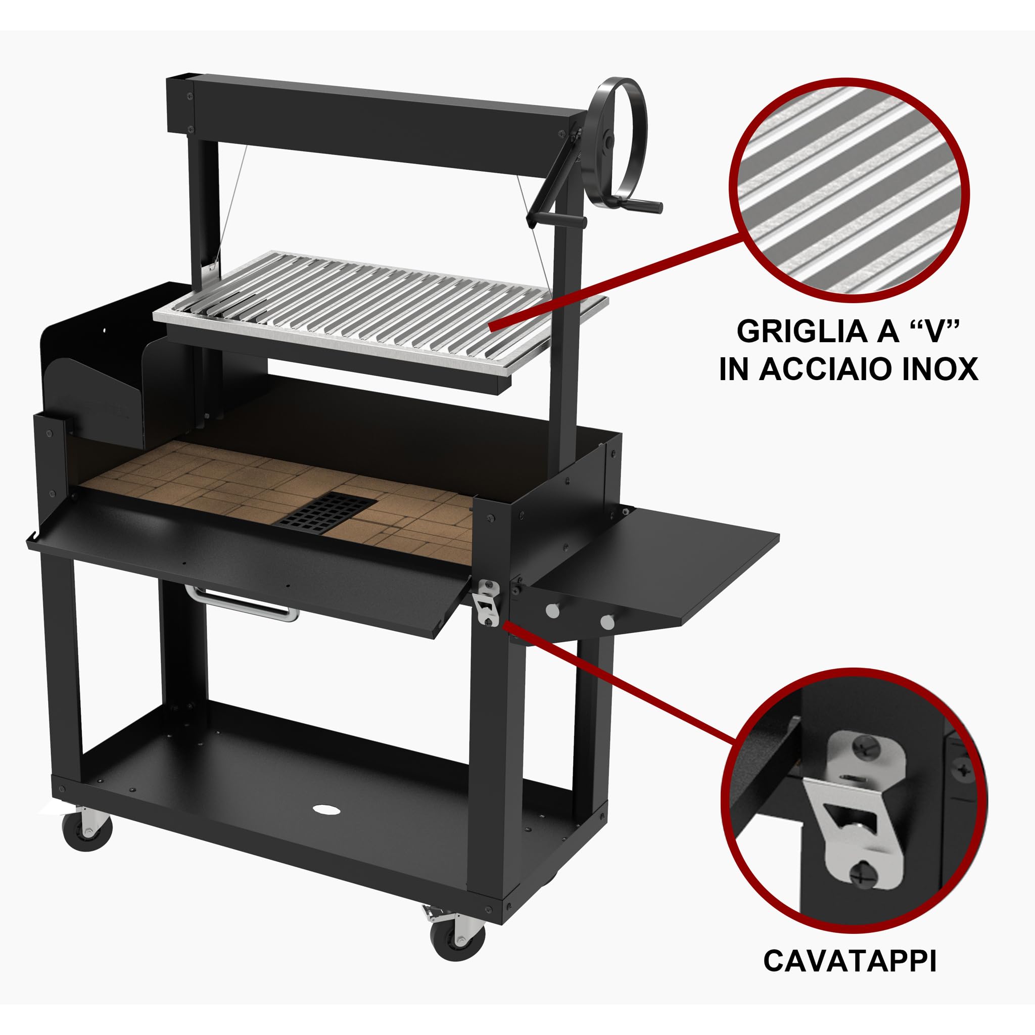 Barbecue a Legna o Carbone "LNG" con Griglia Regolabile a Manovella – Struttura Robusta con Mensola Ribaltabile e Portalegna