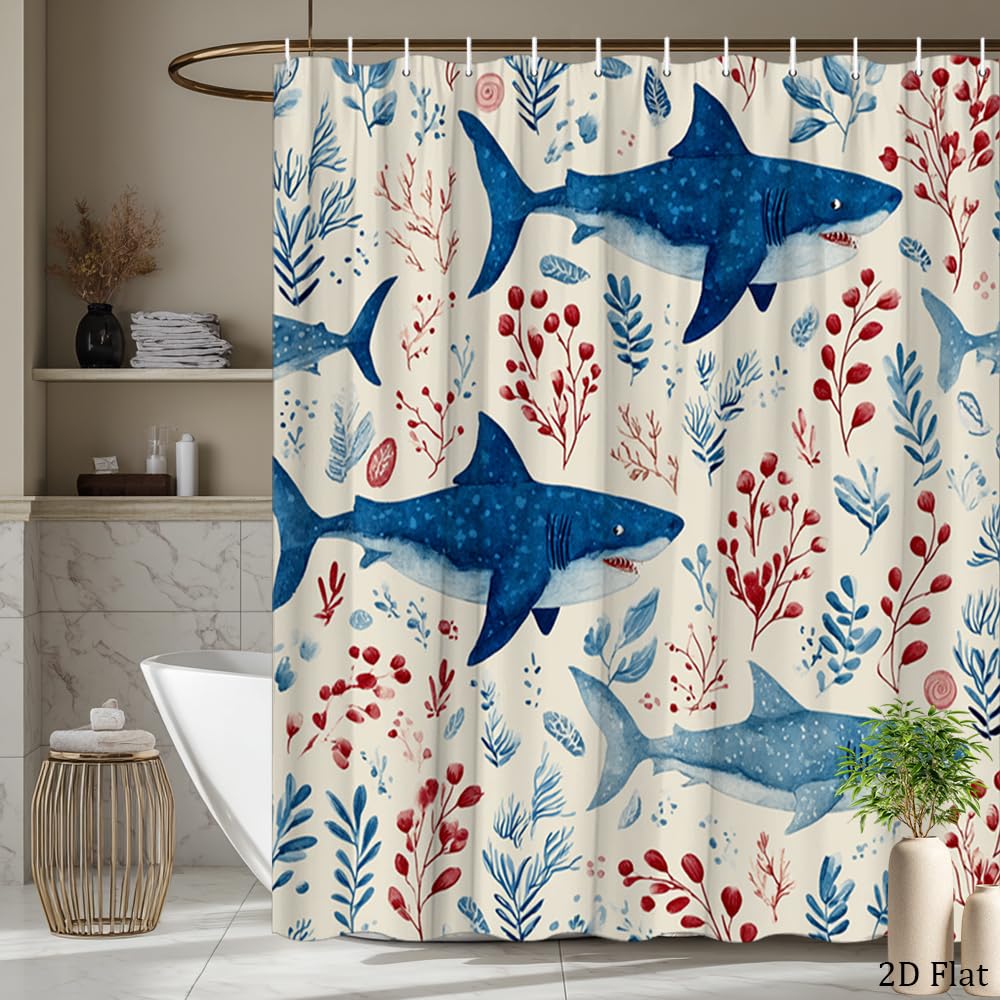 GLKSDLPO Bohemian Shark Floral Watercolor Shower Curtain Waterproof Bath Decor Deep Sea Nautical Print Wet Room Shower Curtains(155x180cm/61x71in(WxH)