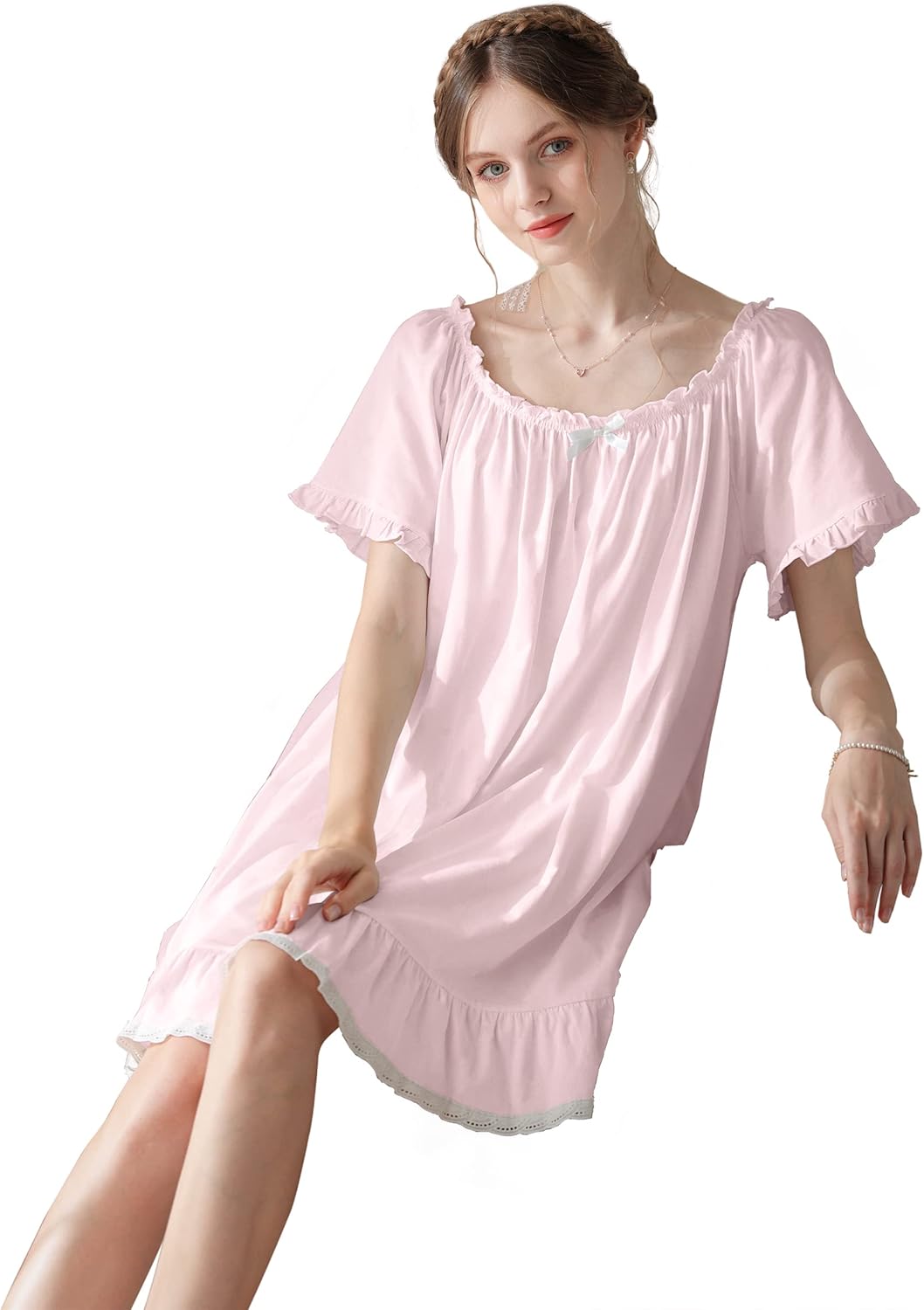 Women's Cotton Nightgowns Vintage Lightweight Gown Sets Short Sleeve Princess Nightdress - Image 4