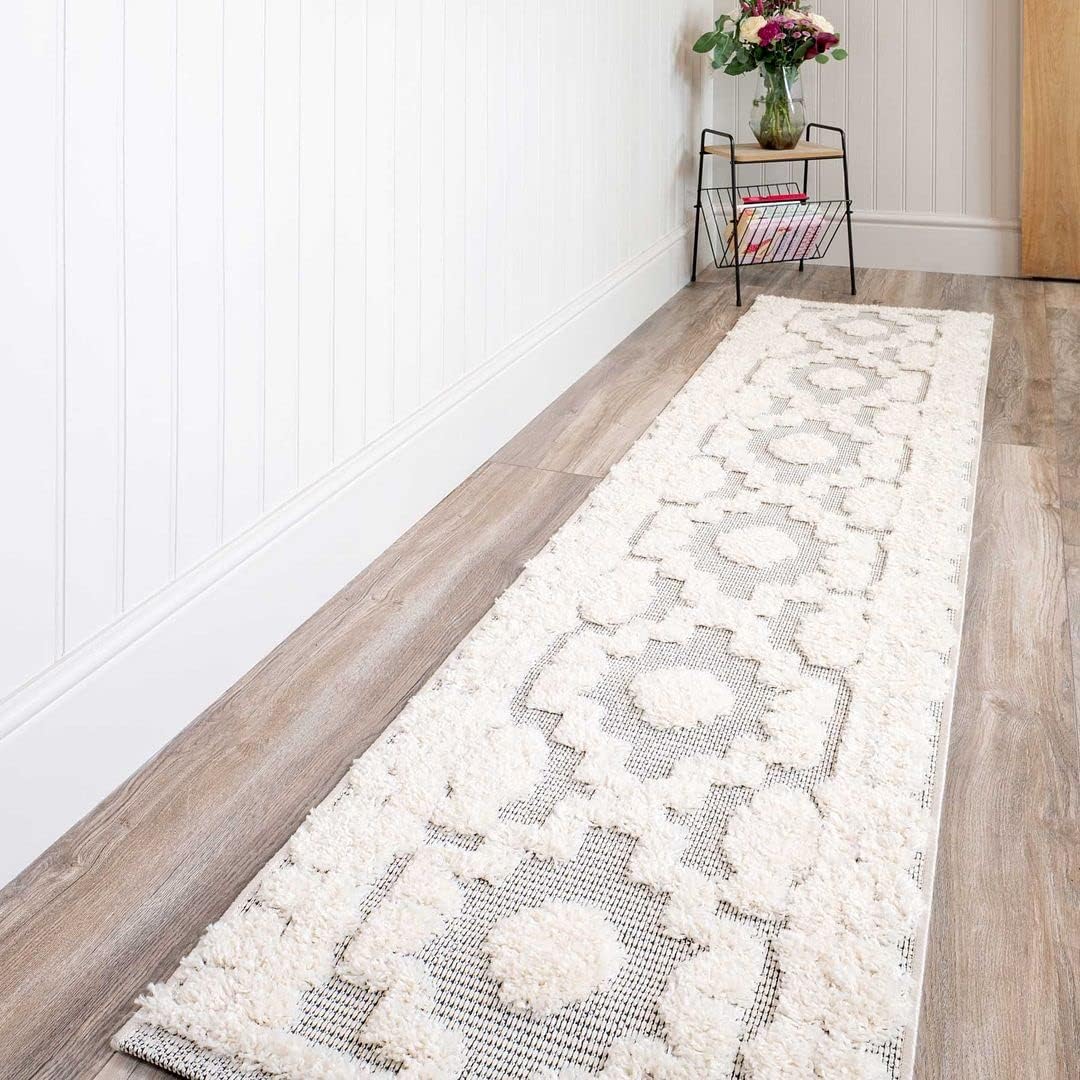 Durable Easy Clean Grey Scandi Floral Flatweave Runner Rug Living Room