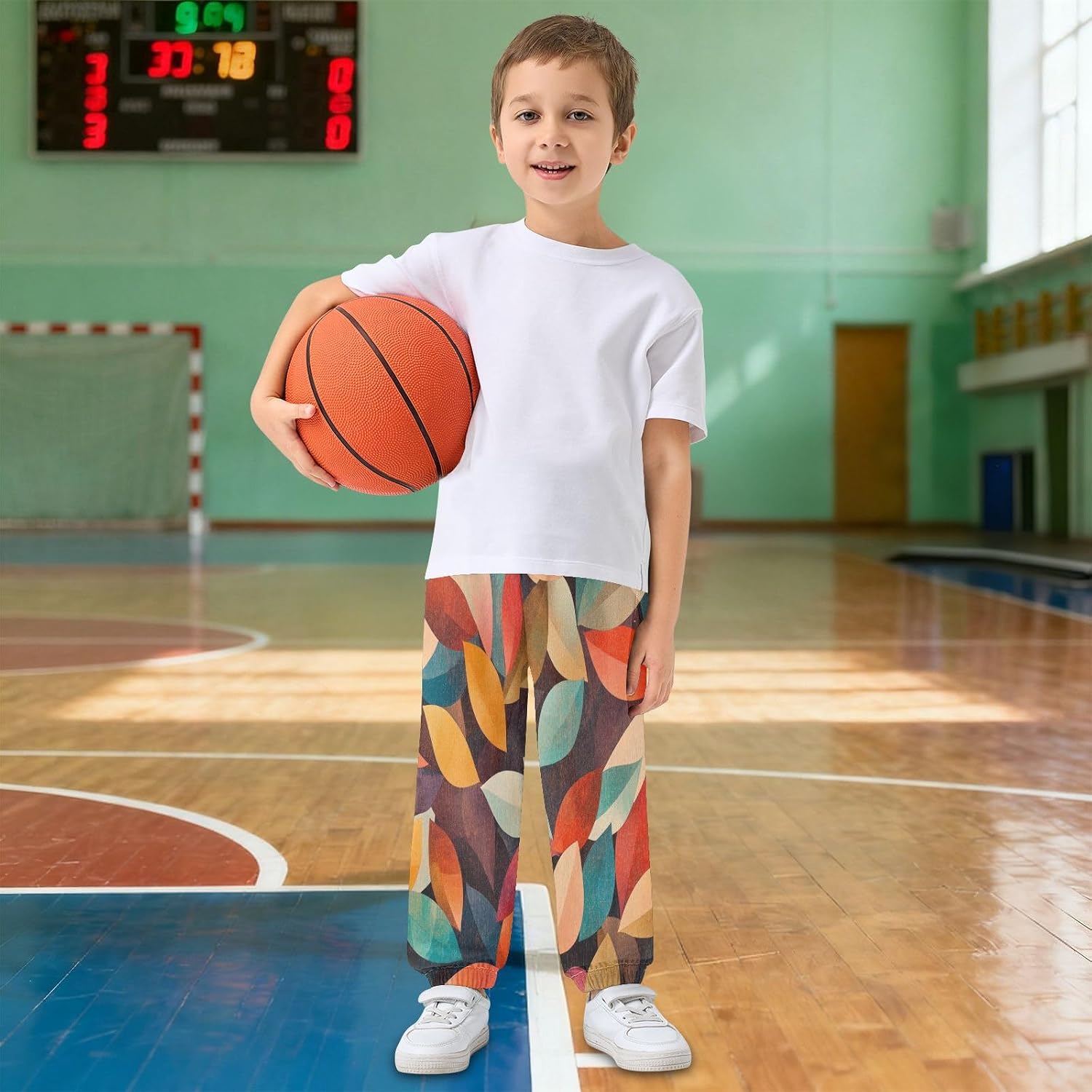 Boy Sweatpants Abstract Retro Leaf Joggers Casual Athletic Pants Kids Elastic Waist Cuffed with Pockets