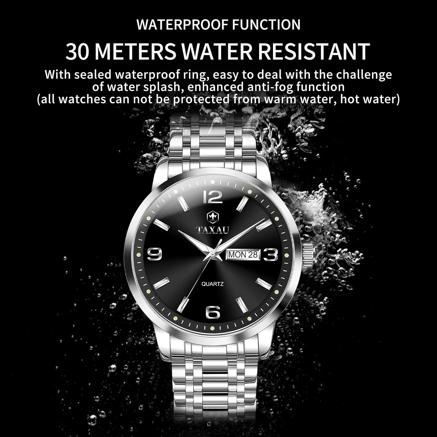 Men’s Dress Watches Waterproof Analog Quartz Watch with Day Date Stainless Steel Band Luxury Large Arabic Numerals Classic Luminous Hands Easy Read, Hidden Butterfly Clasp Relojes para Hombres - Image 4