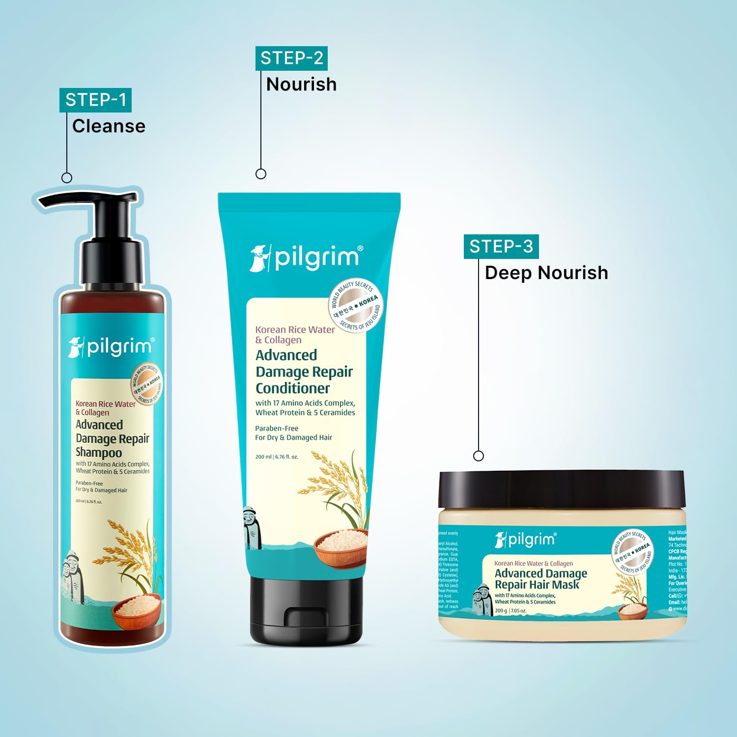 Pilgrim Korean Rice Water & Collagen Advanced Damage Repair Shampoo - 200ml | with 17 Amino Acids, Wheat Protein & 5 Ceramides | Paraben-Free | For Dry & Damaged Hair | For Women and Men - Image 8 thumbnail