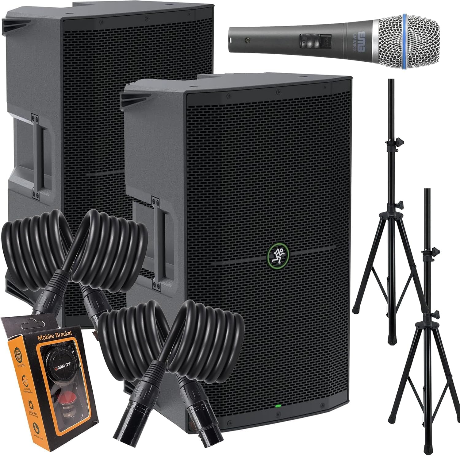 (2) Mackie Thump212 1,400-watt 12-inch Powered Speaker with Feedback Eliminator, Music Ducking, and Dual TRS/XLR Inputs Bundle with EMB XLR, Microphone, Stand and Gravity Magnet Package