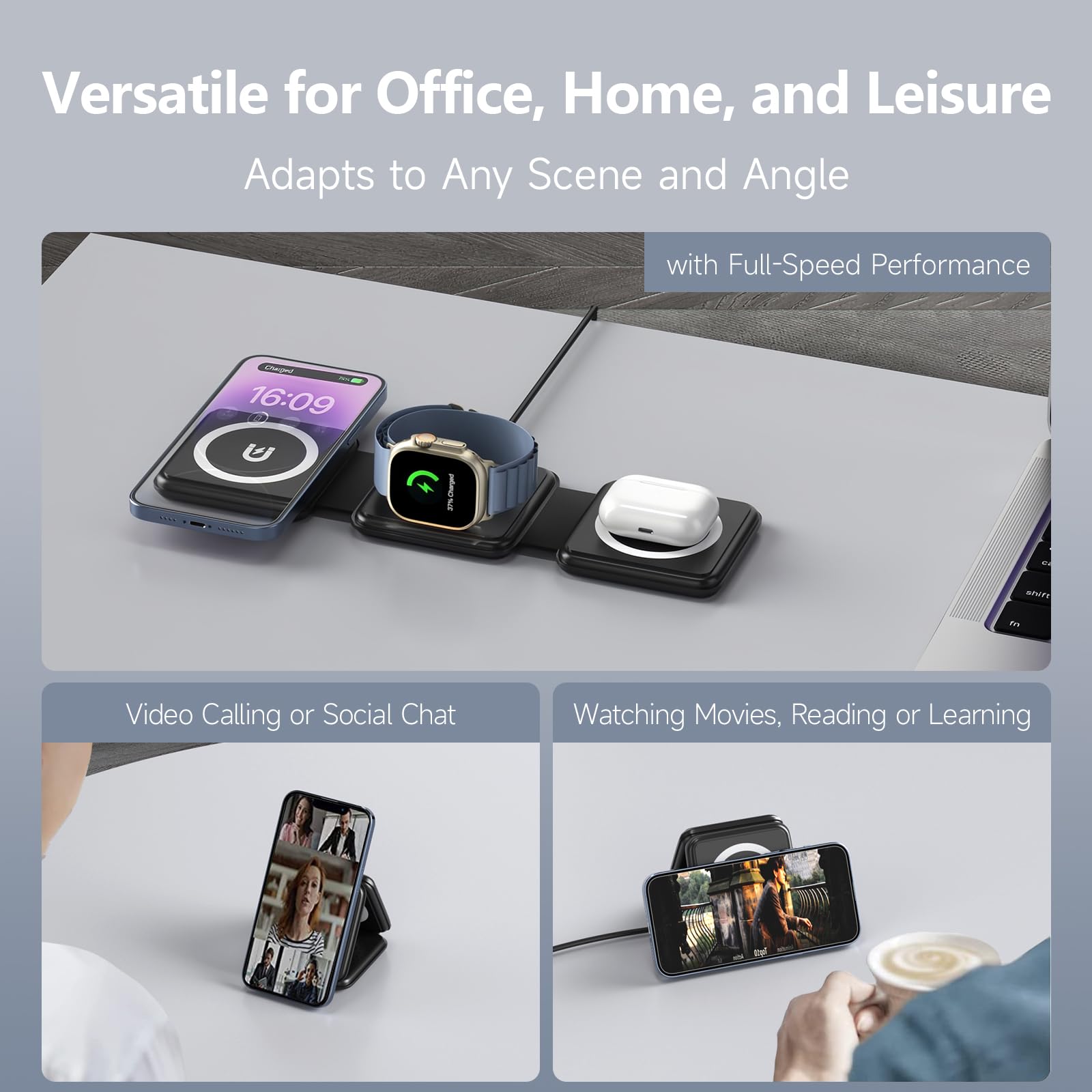 3 in 1 Charging Station for Apple Devices, Foldable Charger for iPhone, Wireless Charger for Multiple Devices, Travel Charging Pad for iPhone 16 15 14 13 12 Pro Max Plus Apple Watch (Black)