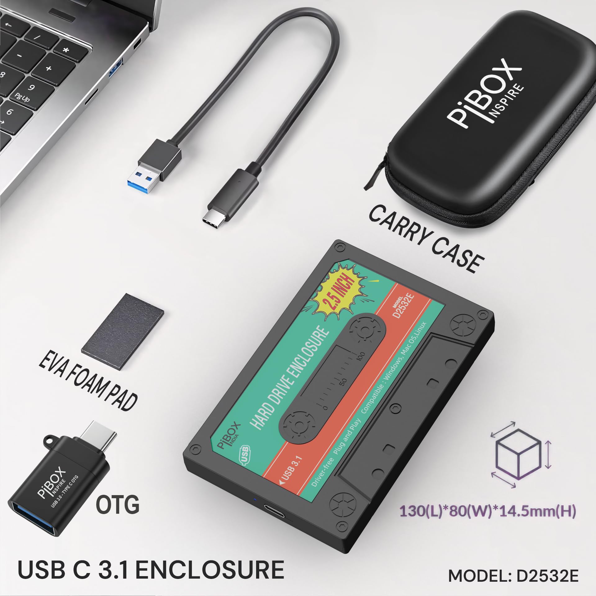 PiBOX 2.5 inch Hard Drive Enclosure Type C with OTG Adapter - Retro Casette, PiBOX India 6Gbps USB 3.1 to SATA III Tool-Free External Hard Drive Enclosure for 7mm/9.5mm 2.5" SSD Laptop HDD with UASP — Amazon image 4
