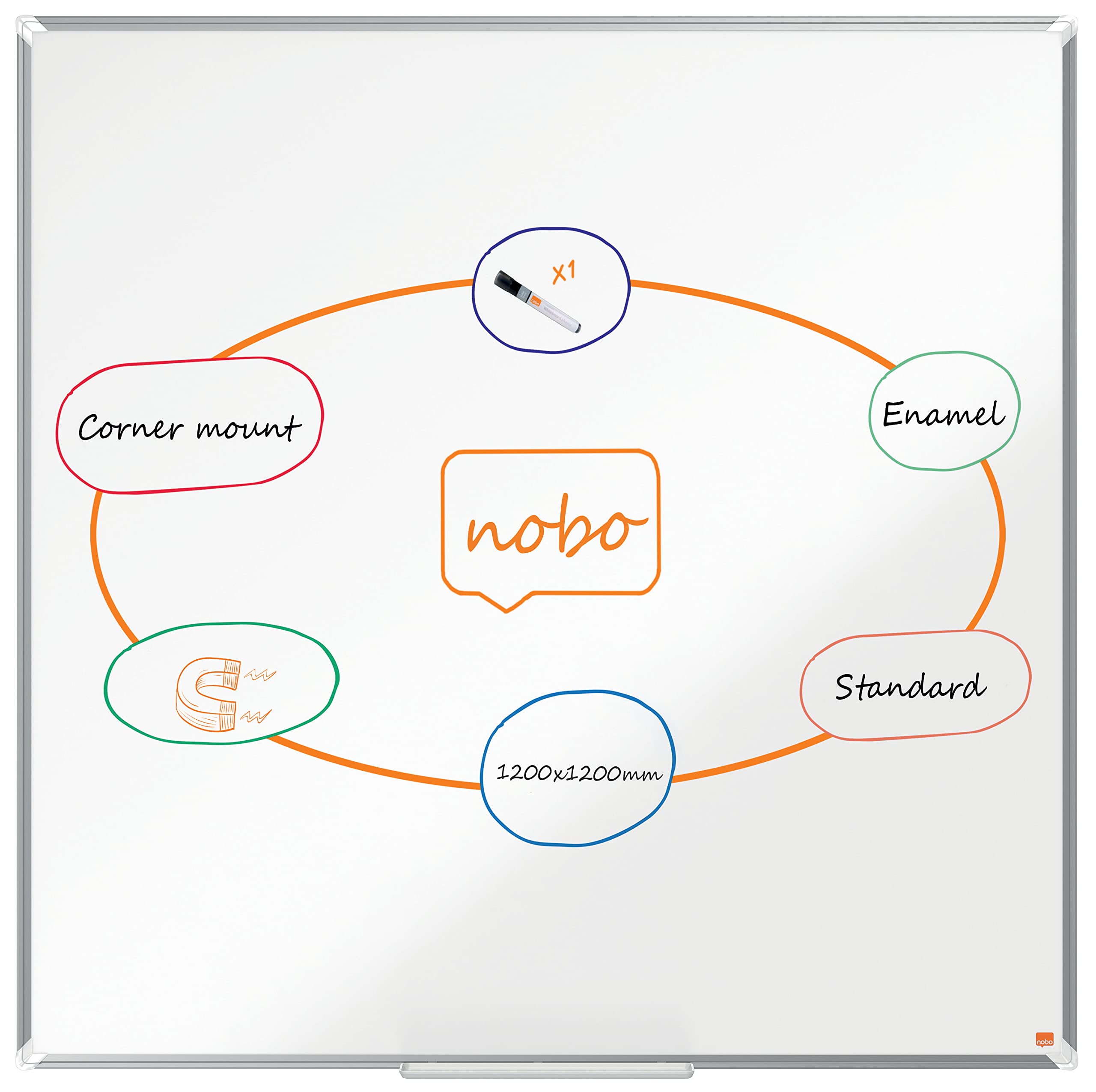 Nobo Premium Plus Steel Magnetic Whiteboard – 1200x1200mm, Aluminium Trim, EU Ecolabel Certified, 1915157