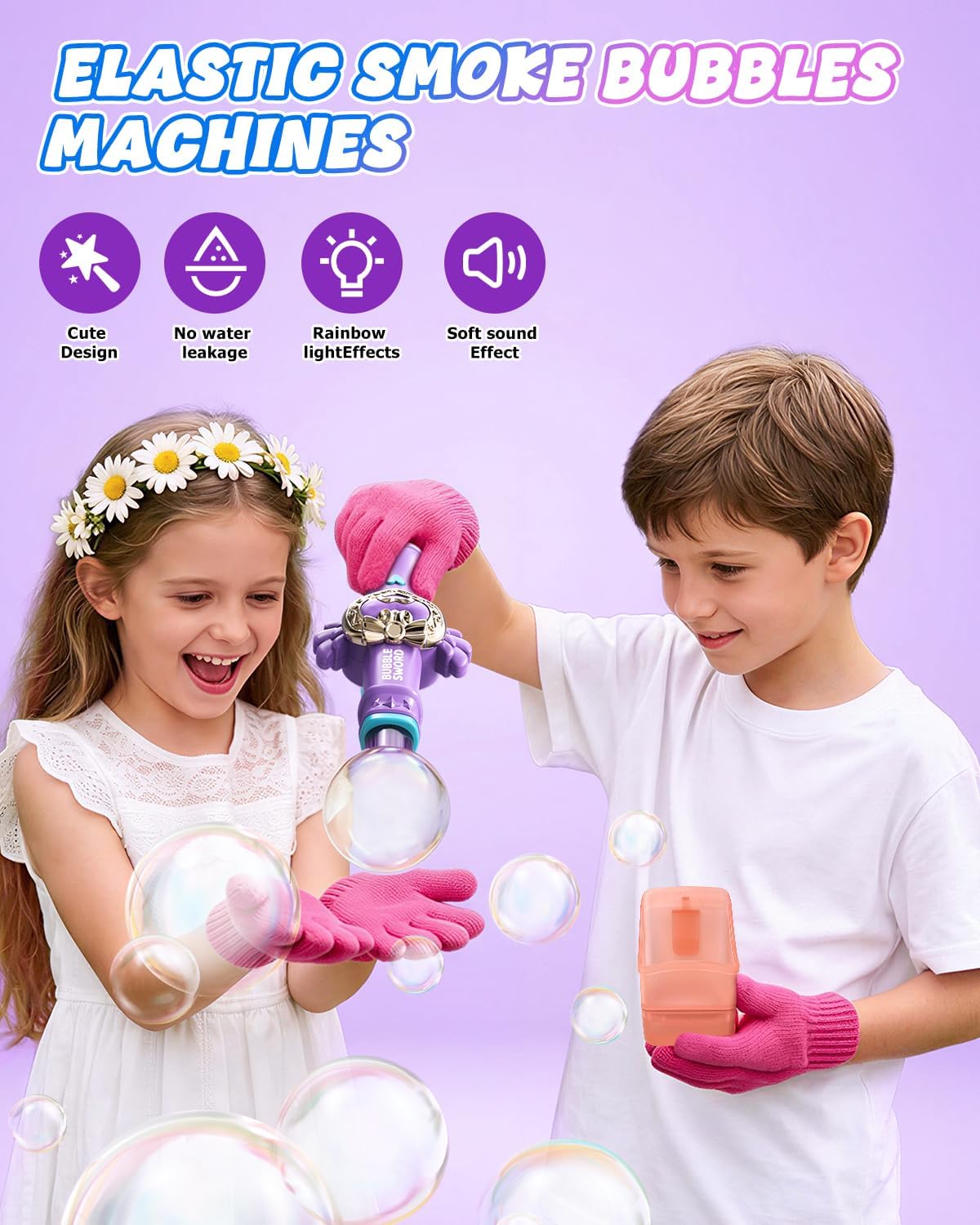 Fog Bubble Machine for Kids, Rechargeable Magic Smoke Bubble Maker with Lights & Sound, Elastic Bubble Fog Wand with Gloves, Spill-Proof Cup & Safe Bubble Solution, for Parties, Beaches, Summer