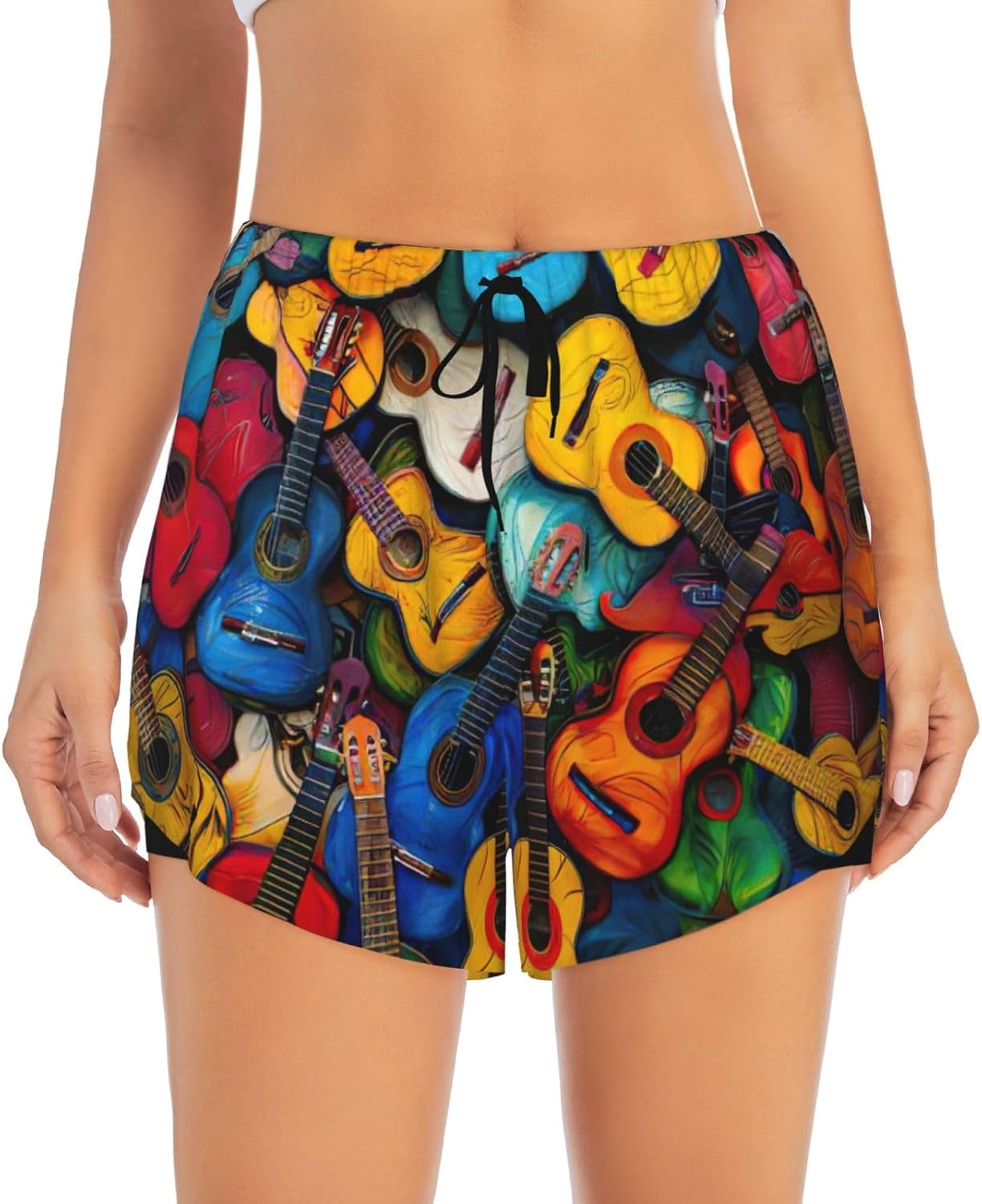 Color Acoustic and Guitars Print Women's Running Shorts,Athletic Shorts with Elastic Pockets,for Yoga,Jogging Fitness