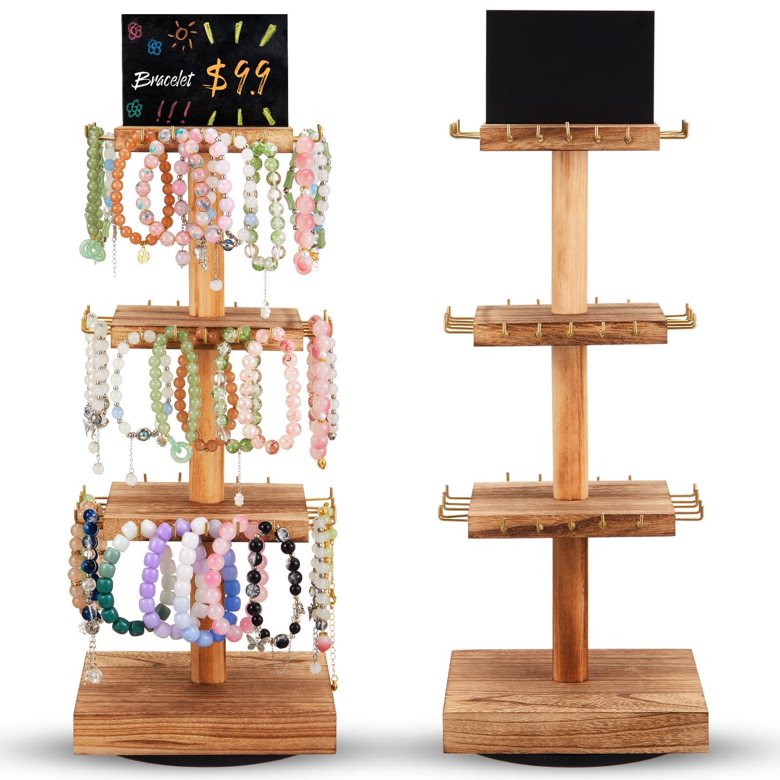 Yalikop Armbandständer aus Holz, 3 Etagen, 360° drehbar, Schmuck-Baumständer mit Werbetafel-Haken für Verkäufer (natürliche Farbe, quadratisch), 2 Stück