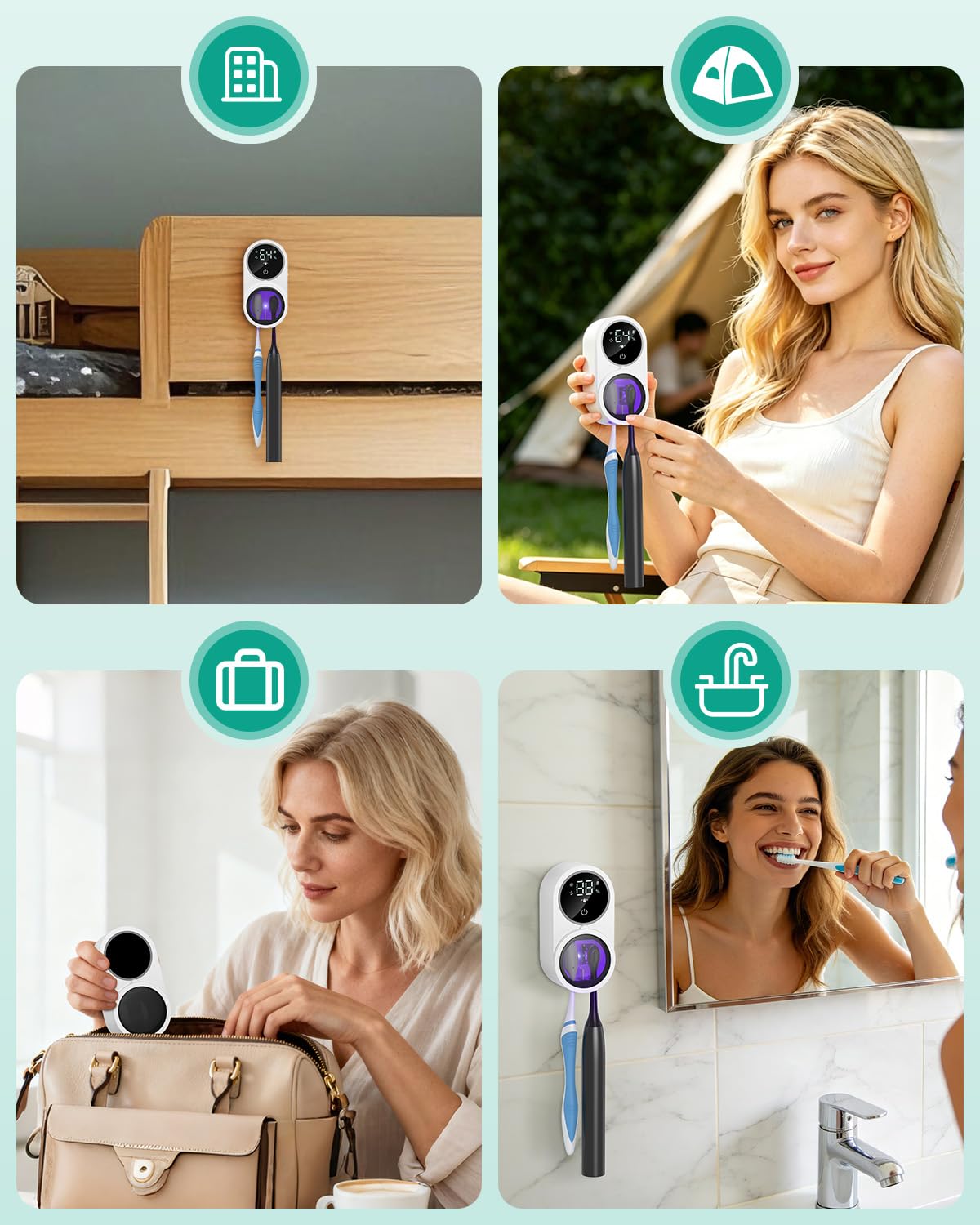 ORIA Sterilizzatore UV per Spazzolini – Mural senza Contatto | UV + Calore, Sensore Ir Auto, Display Led, Parete, Ricarica USB-C, per Bagno, Viaggio