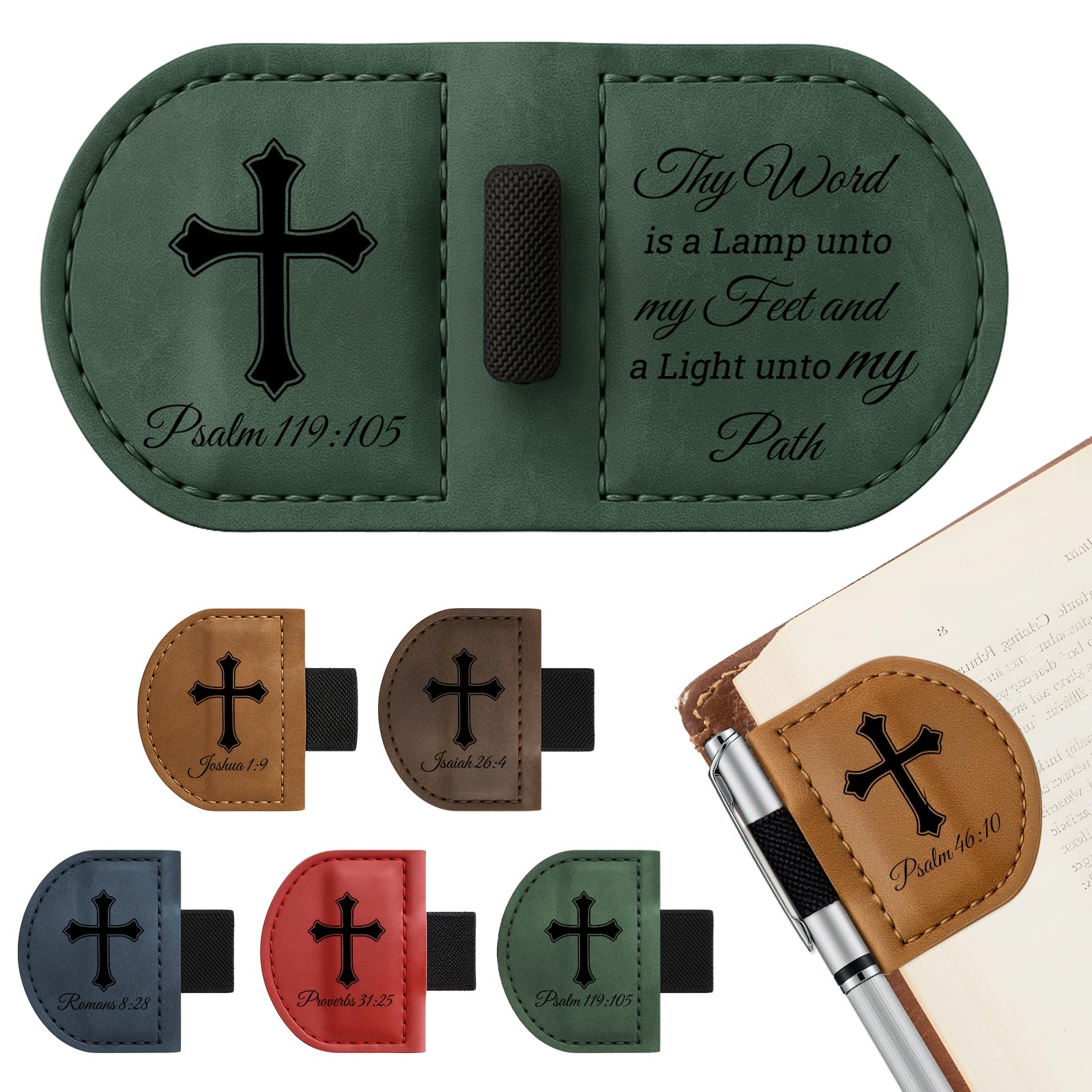 Bygone Mark Magnetic Personalized Leather Bookmark with Pen Holder - Engraved Scripture Detail, Inspirational Reading Accessory and Gift for Christian Book Lovers Men and Women (Green-Psalm 119：105)