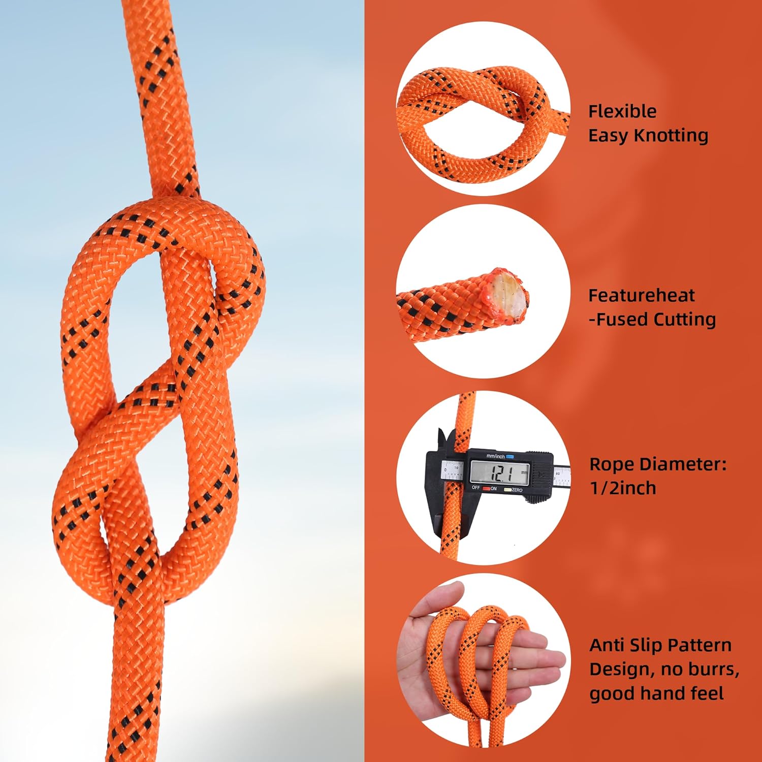 Double Braided Polyester Rope,1/2 in x 150 ft Strong Arborist Rigging Rope 48 Strands for Pulling Swing Sailing, Orange