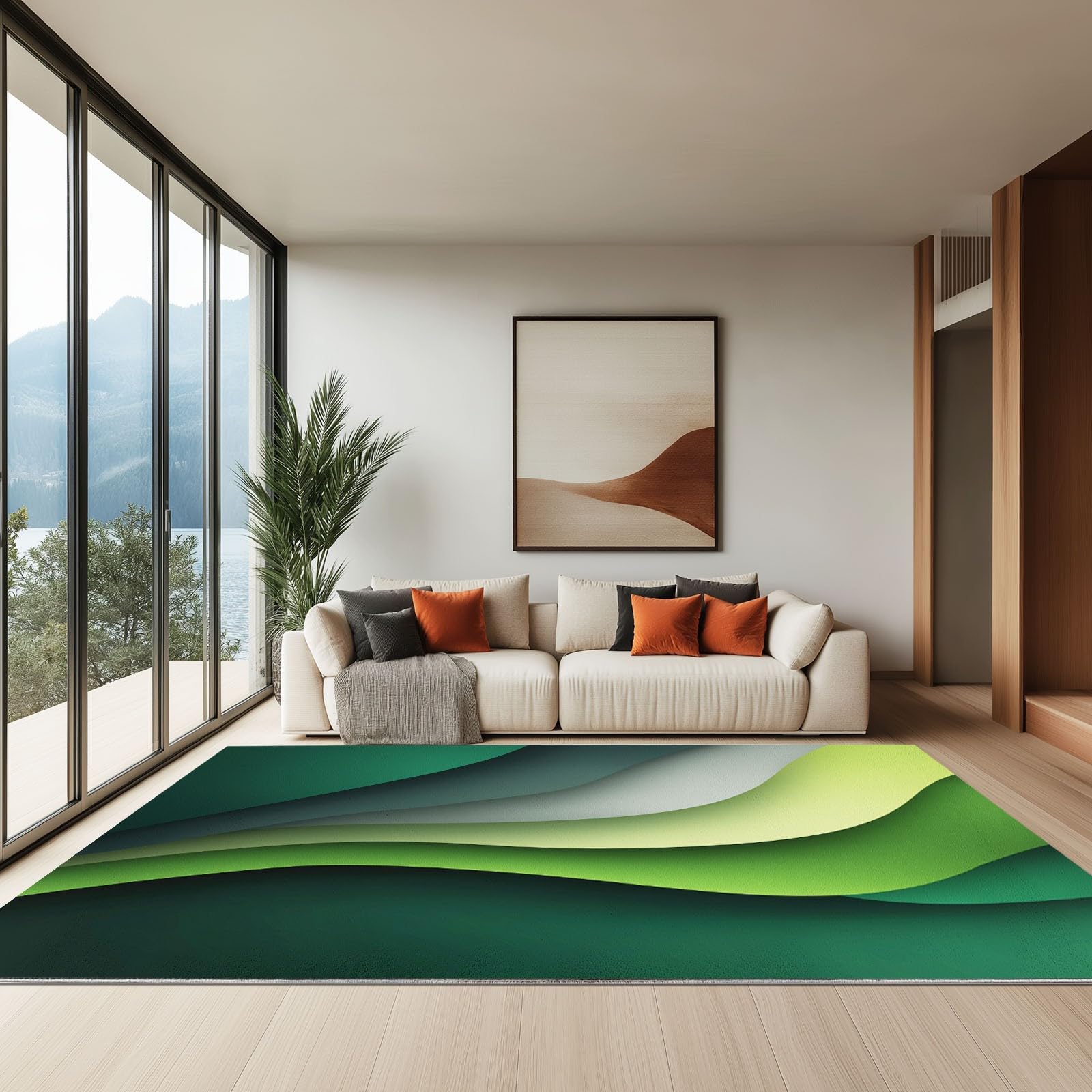 Generisch Weicher Graugrüne Wellen Abstrakt Kurzflor Teppich 120 x 170 cm, Waschbarer Rutschfester Teppiche - Kuschelig Minimalismus Bedruckter Dekoläufer Teppich für Schlafzimmer Bettvorleger Flur