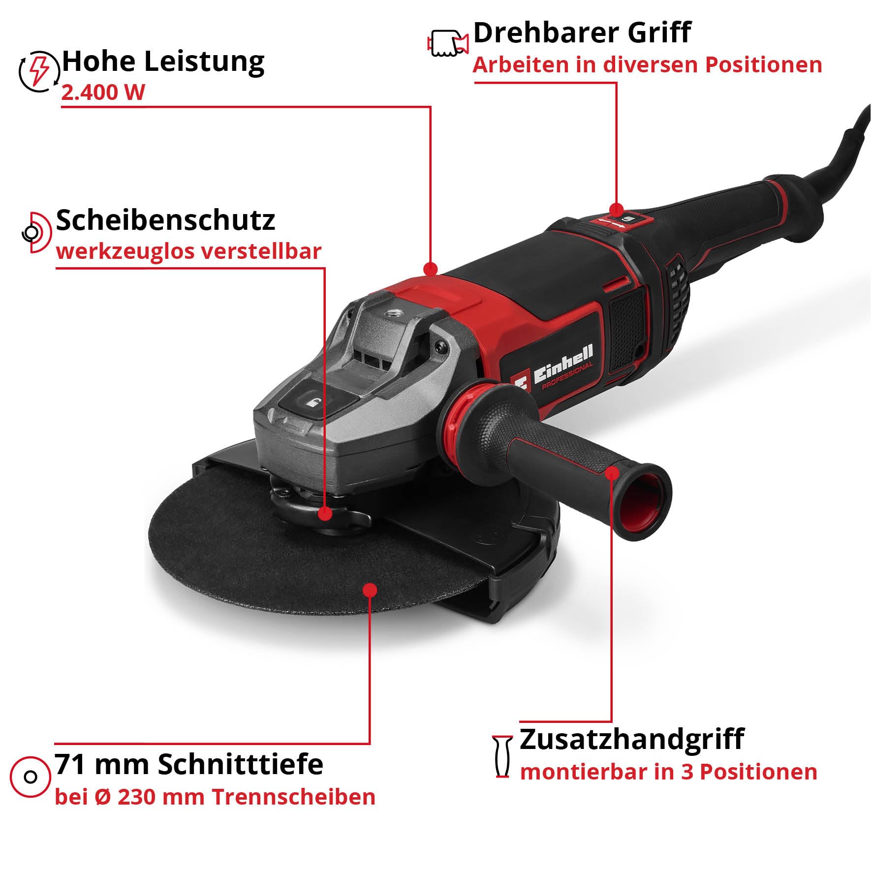 Einhell Professional Winkelschleifer TP-AG 230/2400 | 2400 W | Ø 230 mm | 71 mm Schnitttiefe | drehbarer Griff | Anti-Vibration | Trennschutz | ohne Trennscheibe