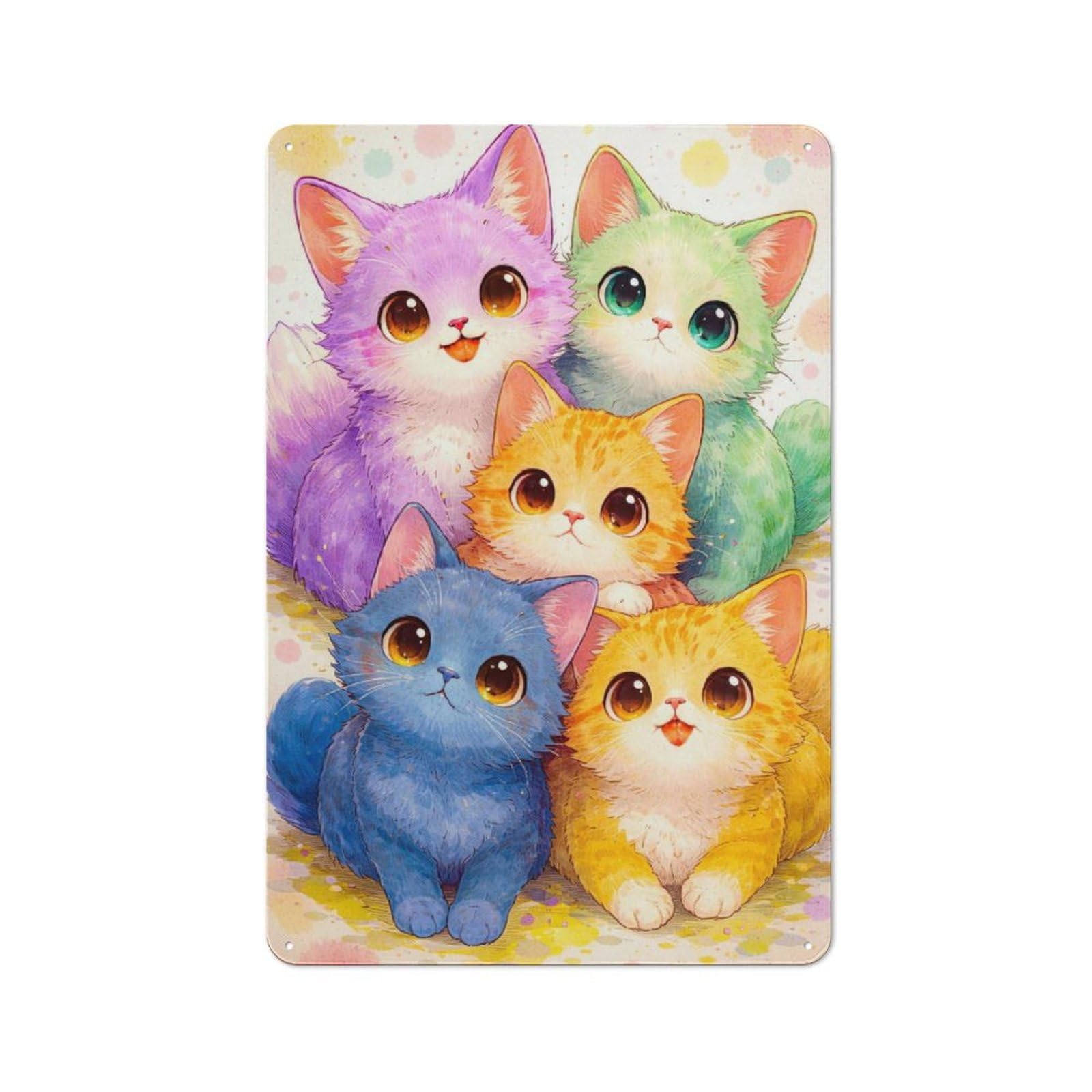 Junmoney Style-24 Metal Wall Plaque With Group Of Cute Colorful Kittens Design 30X20cm, Retro Room Wall Plaque For Home, Shop, Pub Or Studio Wall