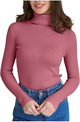 Shiketong Womens Ribbed Turtleneck Sweater Slim Fit Knit Pullover Vermilion