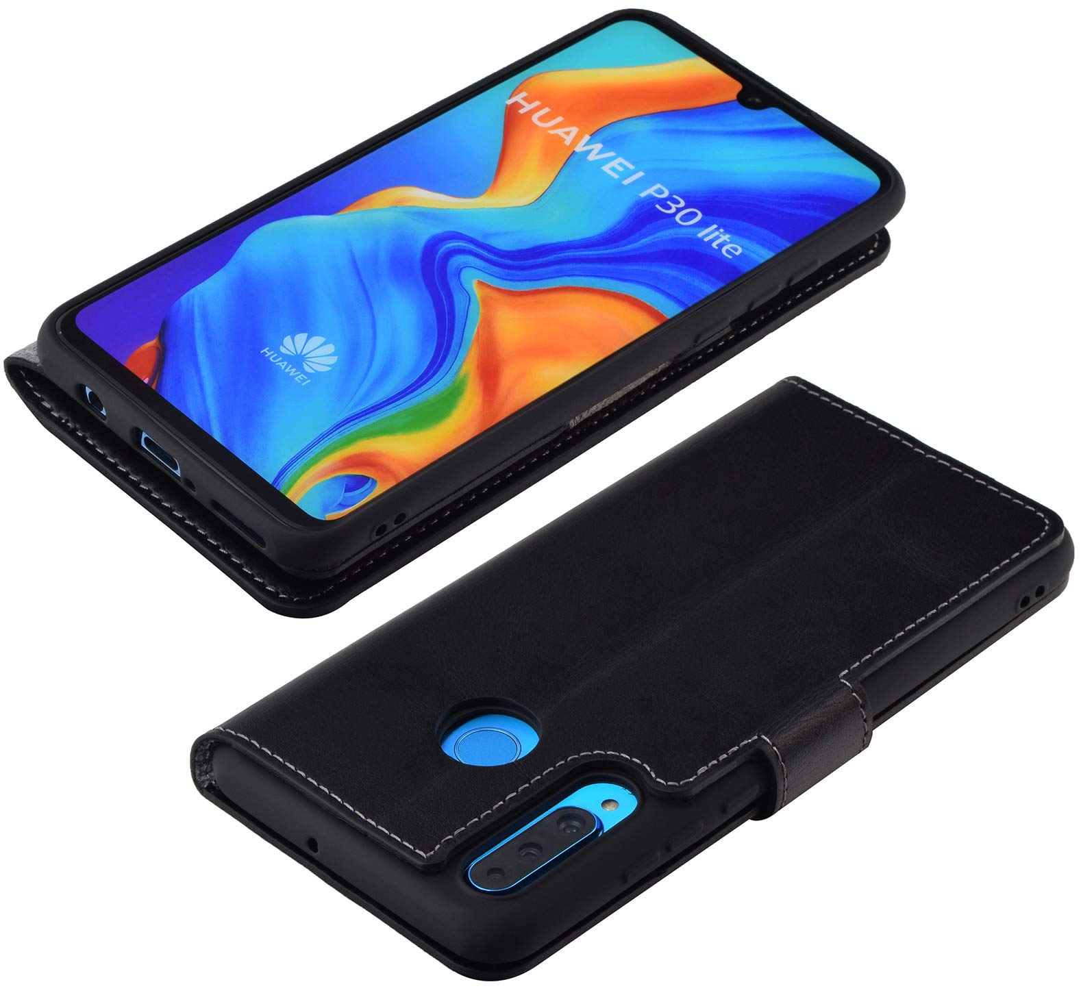 Suncase Custodia In Pelle Con Linguetta Per Huawei P30 Lite New Edition – Cover Con Estrazione Magnetica + Seconda Custodia Silicone, Nero - 3