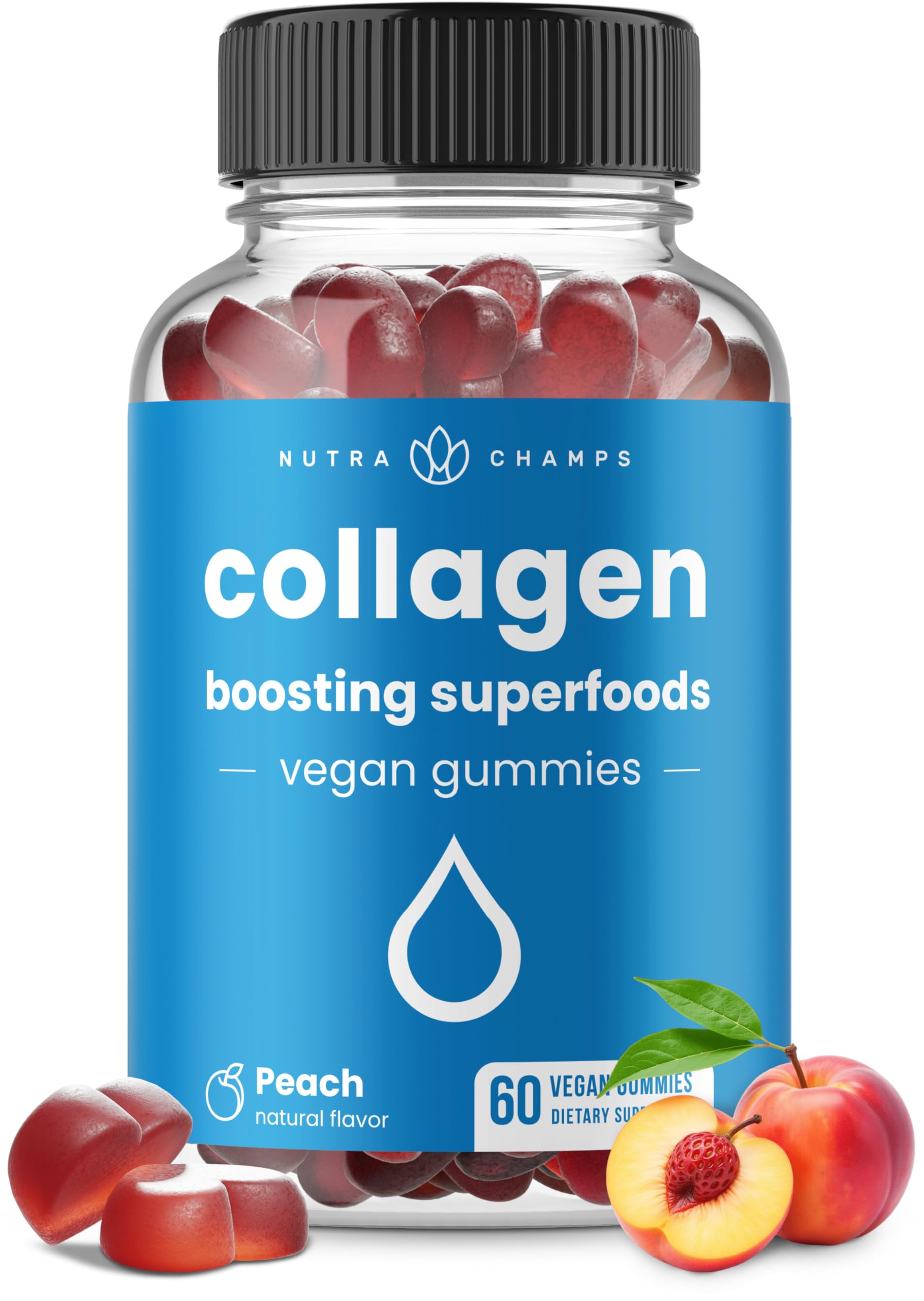 NutraChamps Collagen Boosting Gummies, Collagen Booster Gummy for Natural Collagen Production, Vegan Pectin Supplements Chews for Women & Men, 60 Peach Vitamins Gummies
