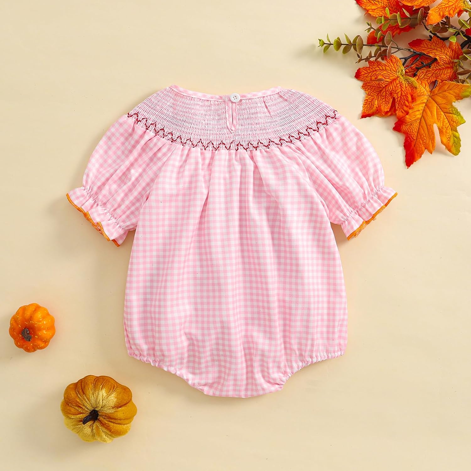 Halloween Baby Girl Outfits Newborn Pumpkin Plaid Short Sleeve Smocked Bubble Romper Cute Infant Christmas Clothes - Image 7
