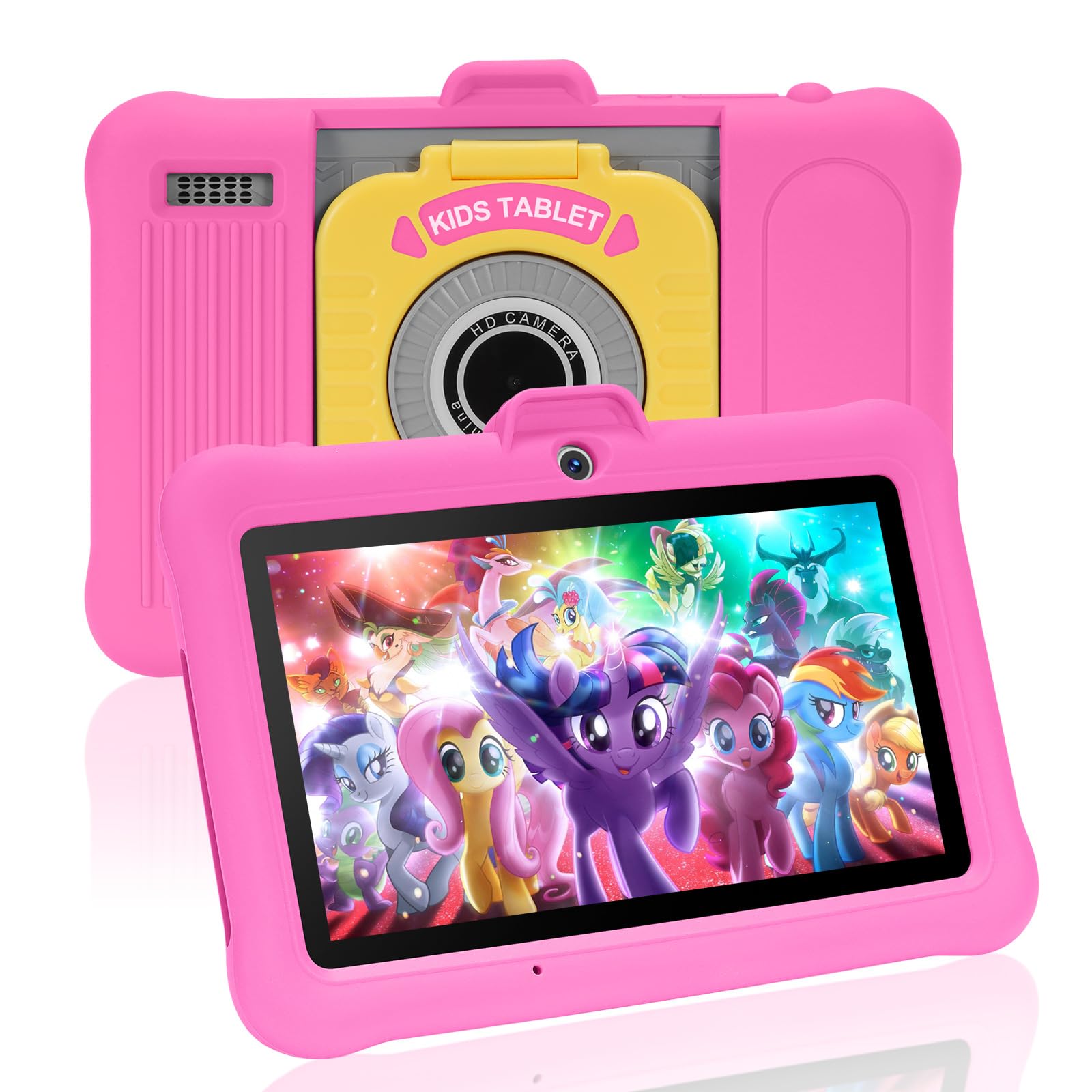 Tablette Enfants 7 Pouces Android, RAM 8 (3+5) Go, ROM 64 Go (TF 128 Go), GMS Certified, Apps Pré-Installé, Éducative, Contrôle Parental, WiFi, Kid-Proof Étui avec Support réglable (Rose)