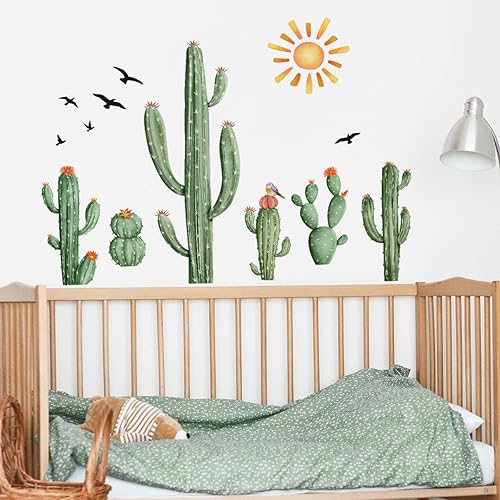 Miniatura 5 de Calcomanías de Pared de Cactus Boho Calcomanías de Pared de Sol Boho Plantas Tropicales de Cactus Verdes con Pájaros Calcomanías de Pared para Sala