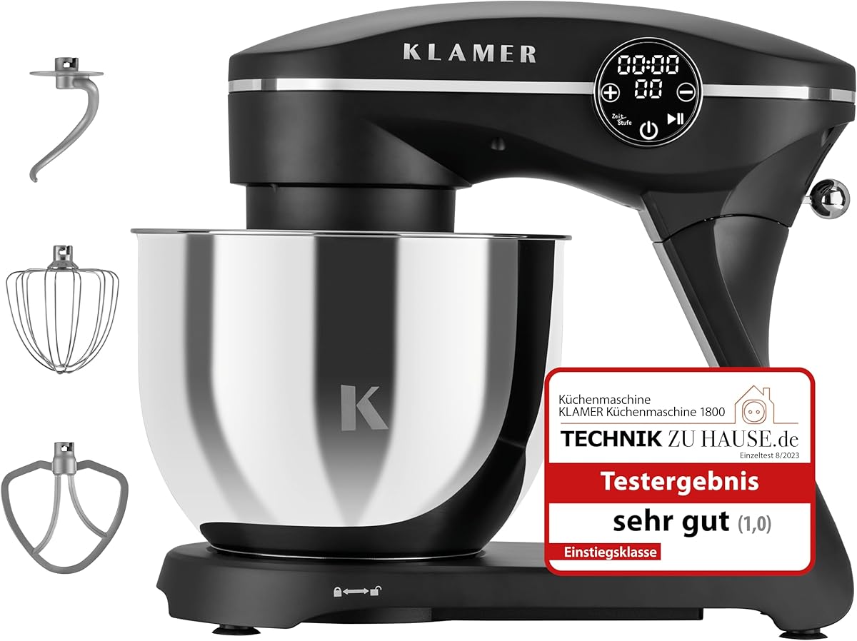 KLAMER Küchenmaschine 1800W, Knetmaschine Brotteig mit Edelstahl-Rührschüssel 6 L, 10 Stufen mit Timer, Planetenrührwerk, Rührbesen, Knethaken, Schneebesen & Sichtdeckel (schwarz)