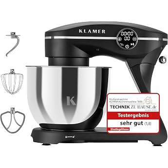 KLAMER Food Processor 1800 W, Kneading Machine Bread Dough with Stainless Steel Mixing Bowl 6 L, 10 Levels with Timer, Planet