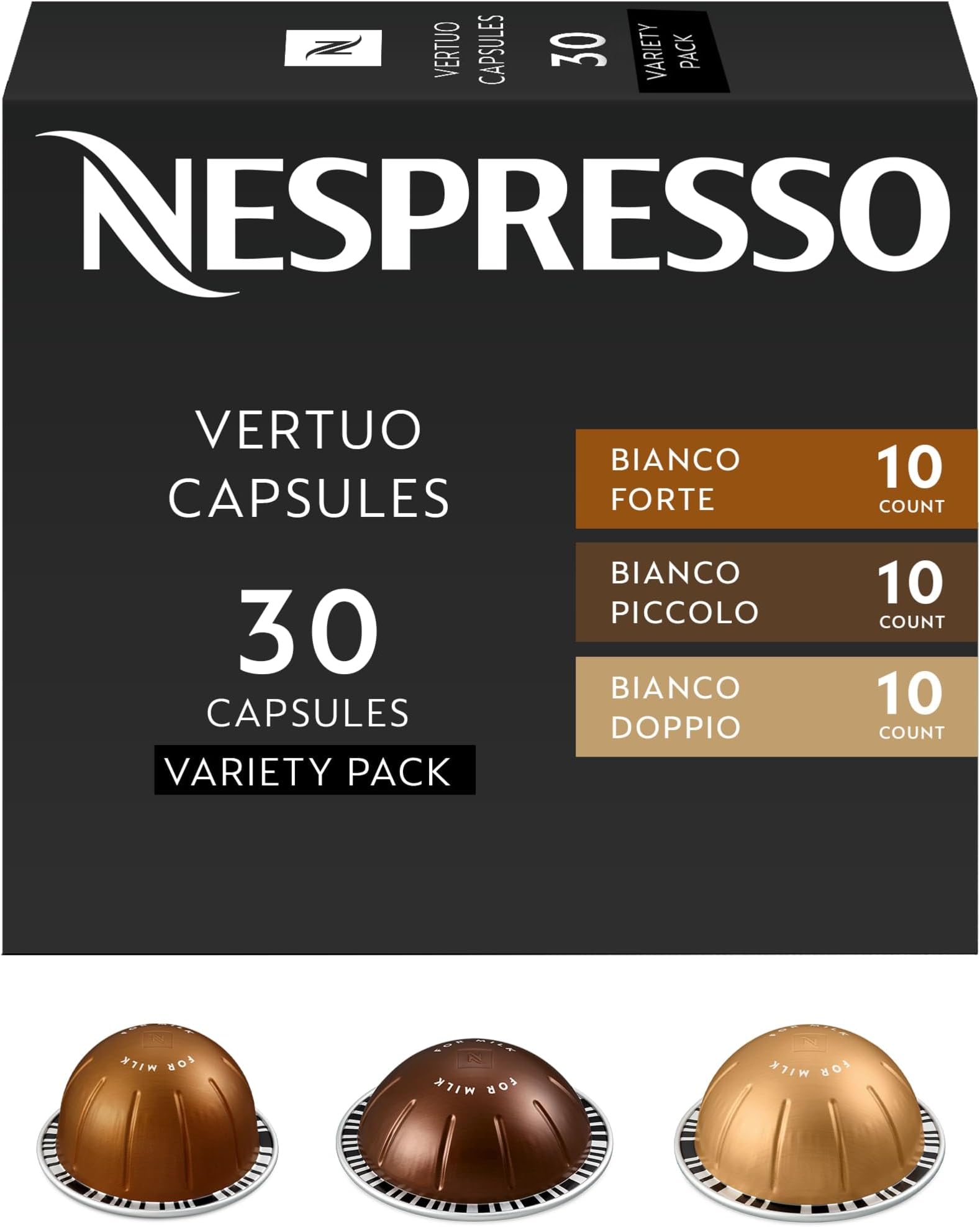 Capsules Vertuo, Variety Pack, Medium and Light Roast Coffee, 30 Count Coffee Pods, Bianco Forte, Bianco Doppio, Bianco Piccolo
