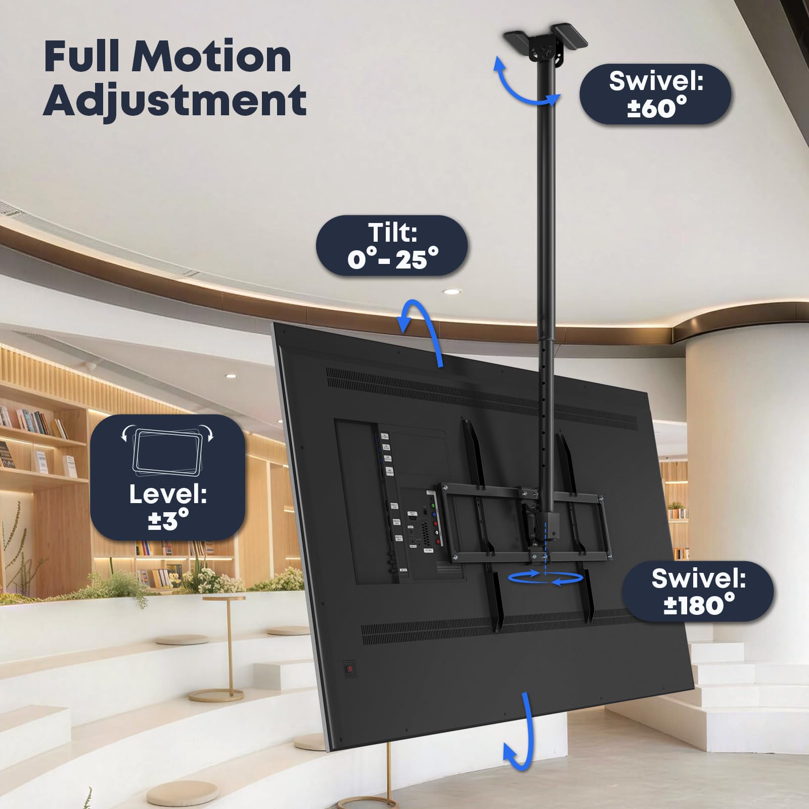 Supporto da soffitto per TV da 50 a 100 pollici, portata 80 kg, altezza e orientabile e inclinabile, con VESA fino a 800 x 600 mm, per ambienti commerciali e home theater