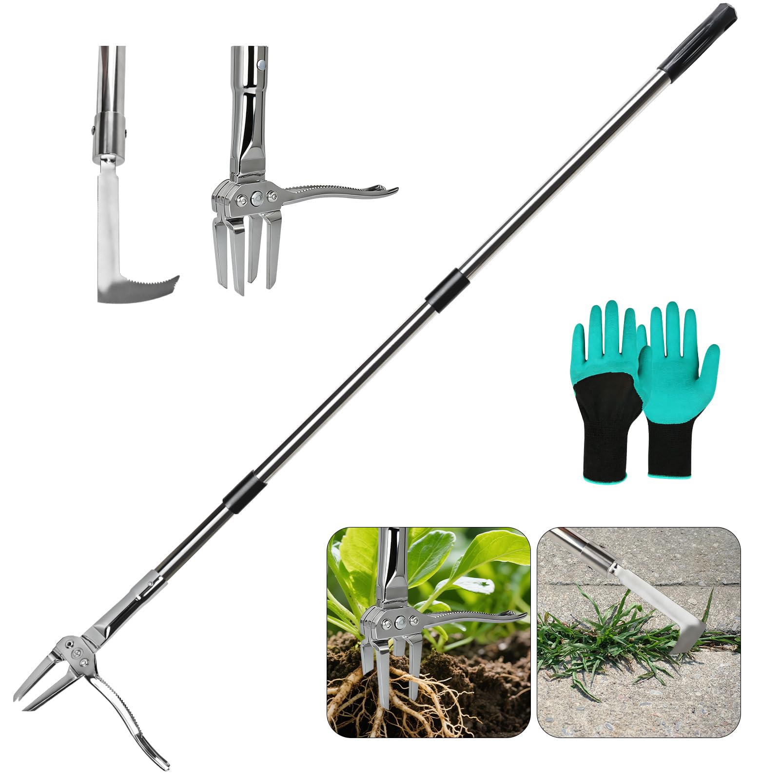 Ryaco Weed Remover Tool 128 cm Stainless Steel with 4 Metal Claws, Upright Standing Weed Remover and Dandelion Cutter, Includes Replacement Joint Scraper Head and Garden Gloves