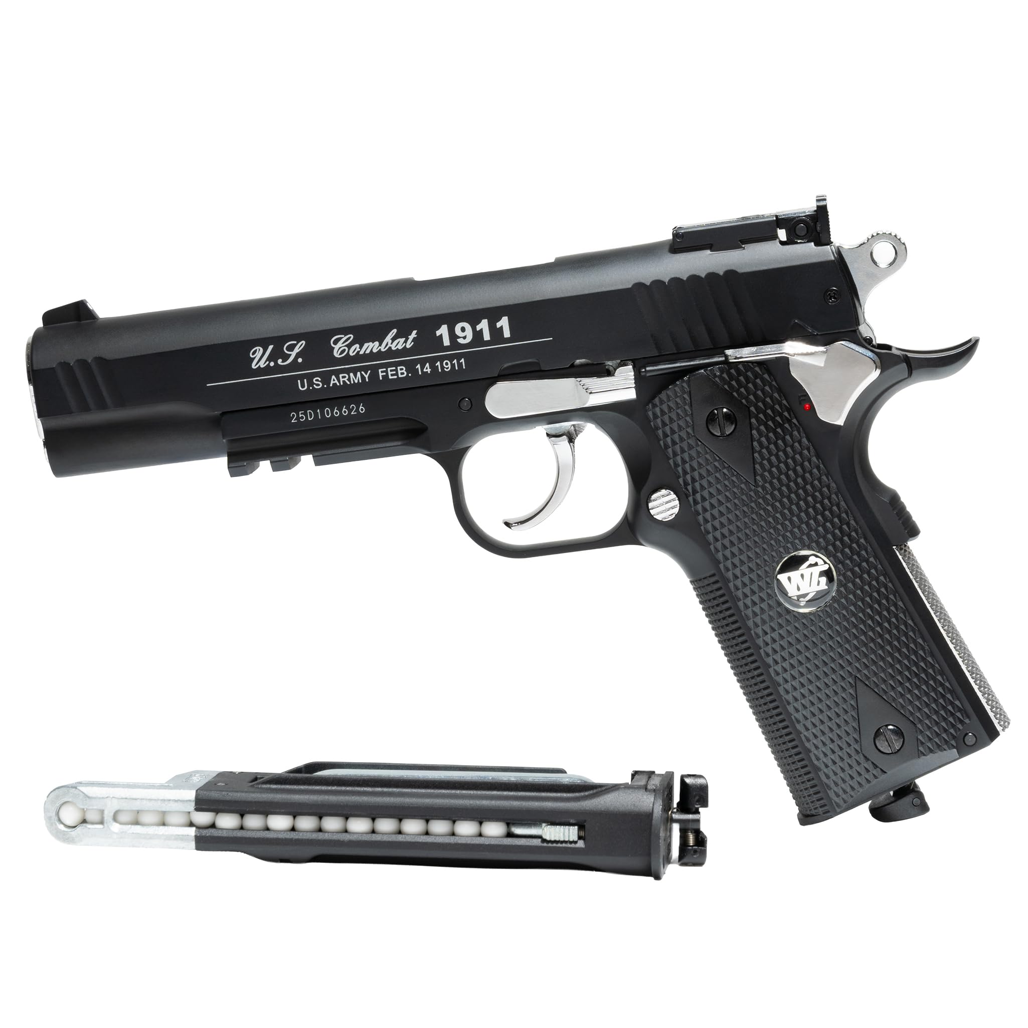 Pistola Softair WG Combat 1911 CO2 Full Metal, Pistola a Pallini Scarrellante con 10 Bombolette CO2, 1000 Pallini 6mm, Pistole Softair, Airsoft, colore nero