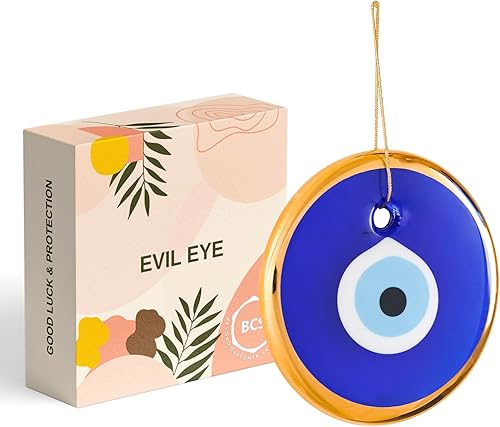 BCS Adorno para colgar en la pared de 4.3 pulgadas, decoración de ojo turco y dorado, hecho a mano, amuleto turco griego de Nazar, amuleto de buena