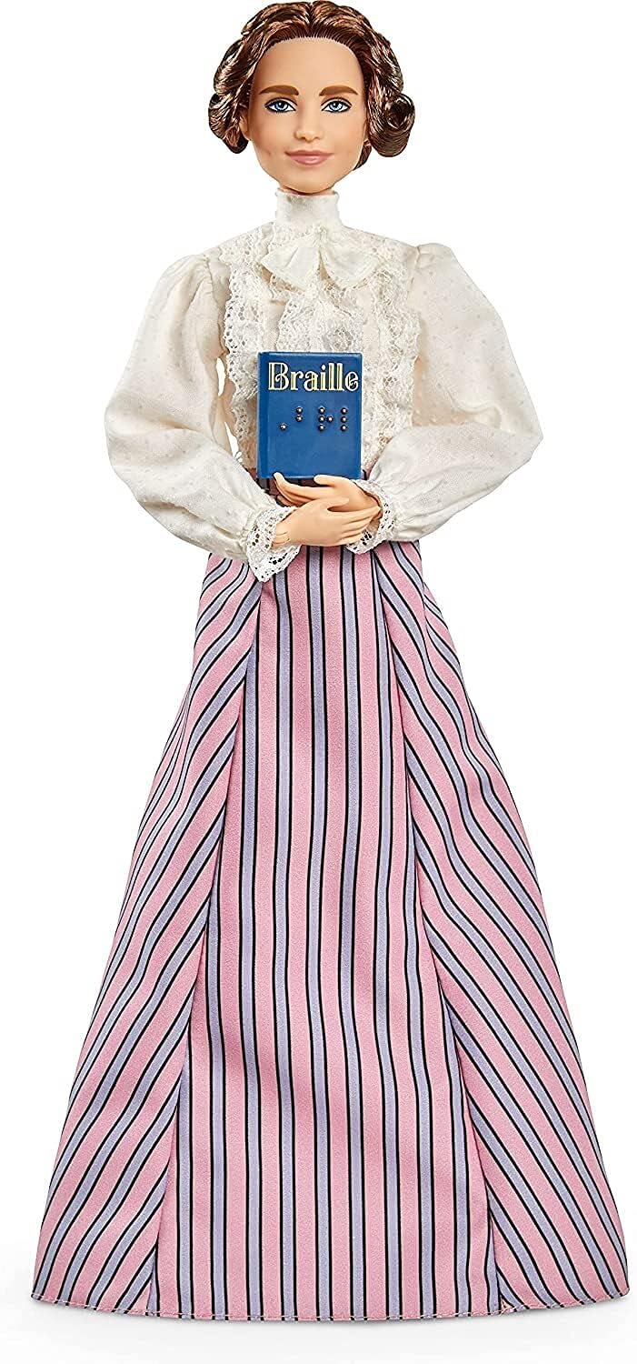Barbie Inspiring Women Helen Keller Doll (12-inch) Wearing Blouse and Skirt, with Doll Stand & Certificate of Authenticity, Gift for Kids & Collectors, Pink