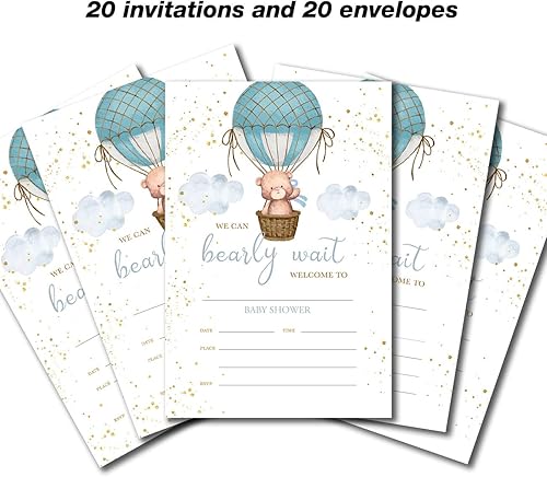 Miniatura 4 de YIDOU Invitaciones para fiesta de baby shower, globo azul de aire caliente, oso para baby shower, tarjetas de invitación 20 invitaciones y sobres