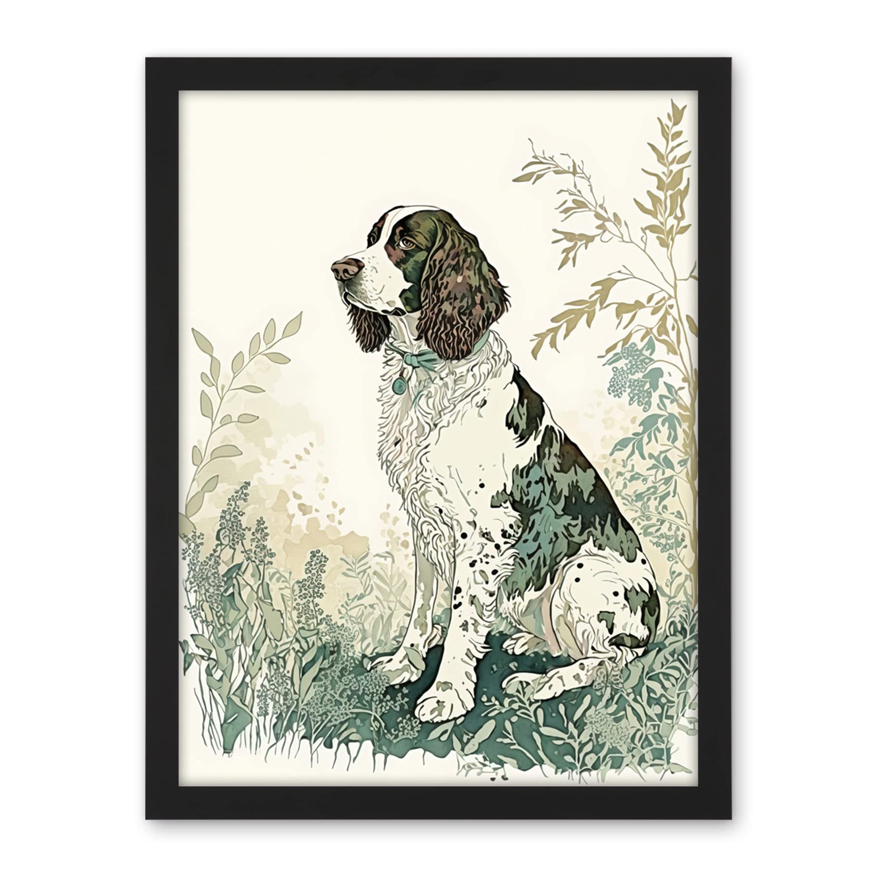 Artery8 English Springer Spaniel Dog in Field Modern Pastel Watercolour Illustration Artwork Framed Wall Art Print 18X24 Inch