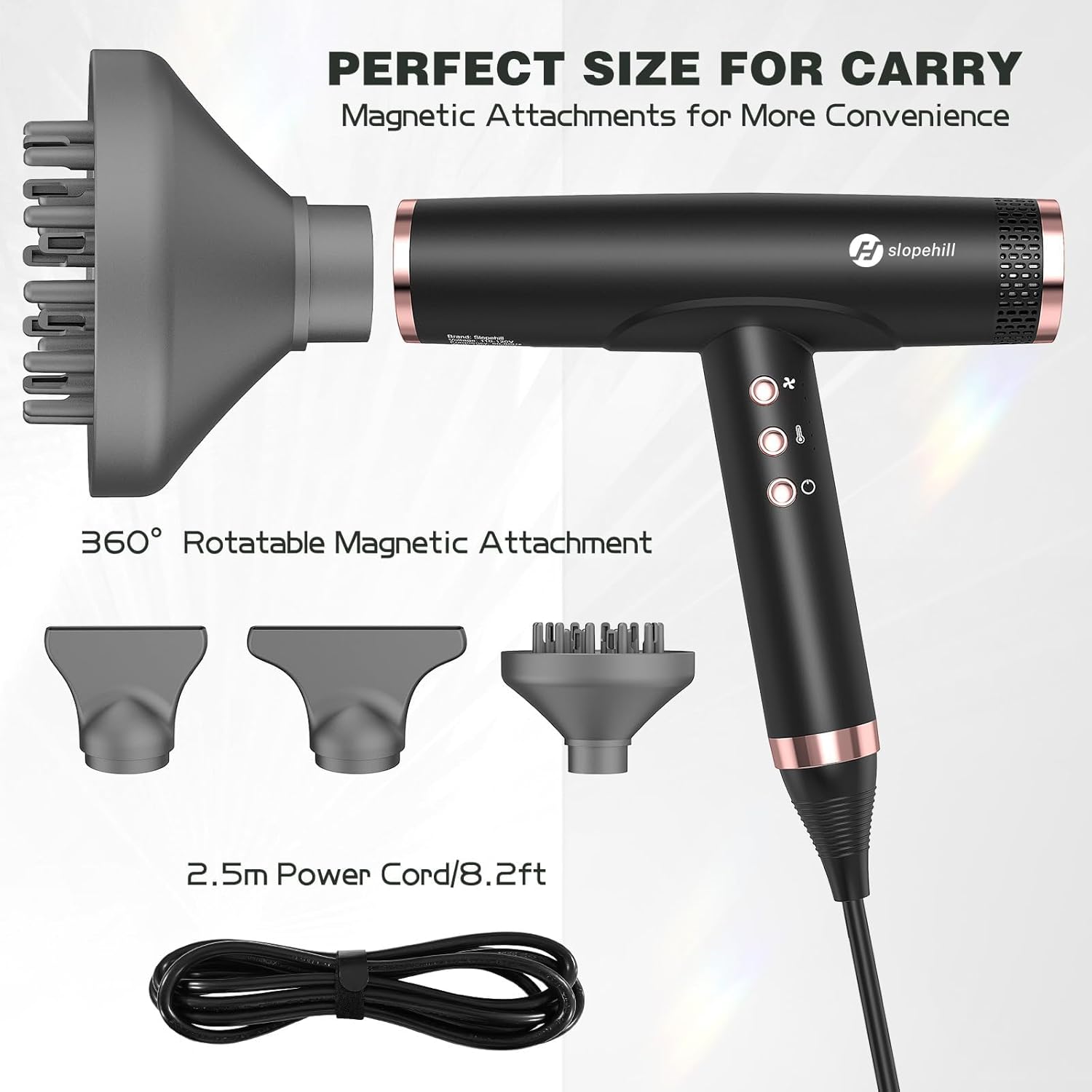 Magnetic attachments for the hair dryer, including two concentrators and a diffuser