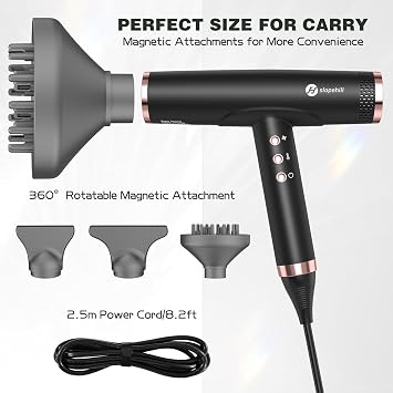 slopehill Professional Ionic Hair Dryer with Diffuser - Lightweight, Compact, Powerful & Fast Salon Blow Dryer with High Speed Brushless Motor for Travel, Women & Men Ceramic, Black