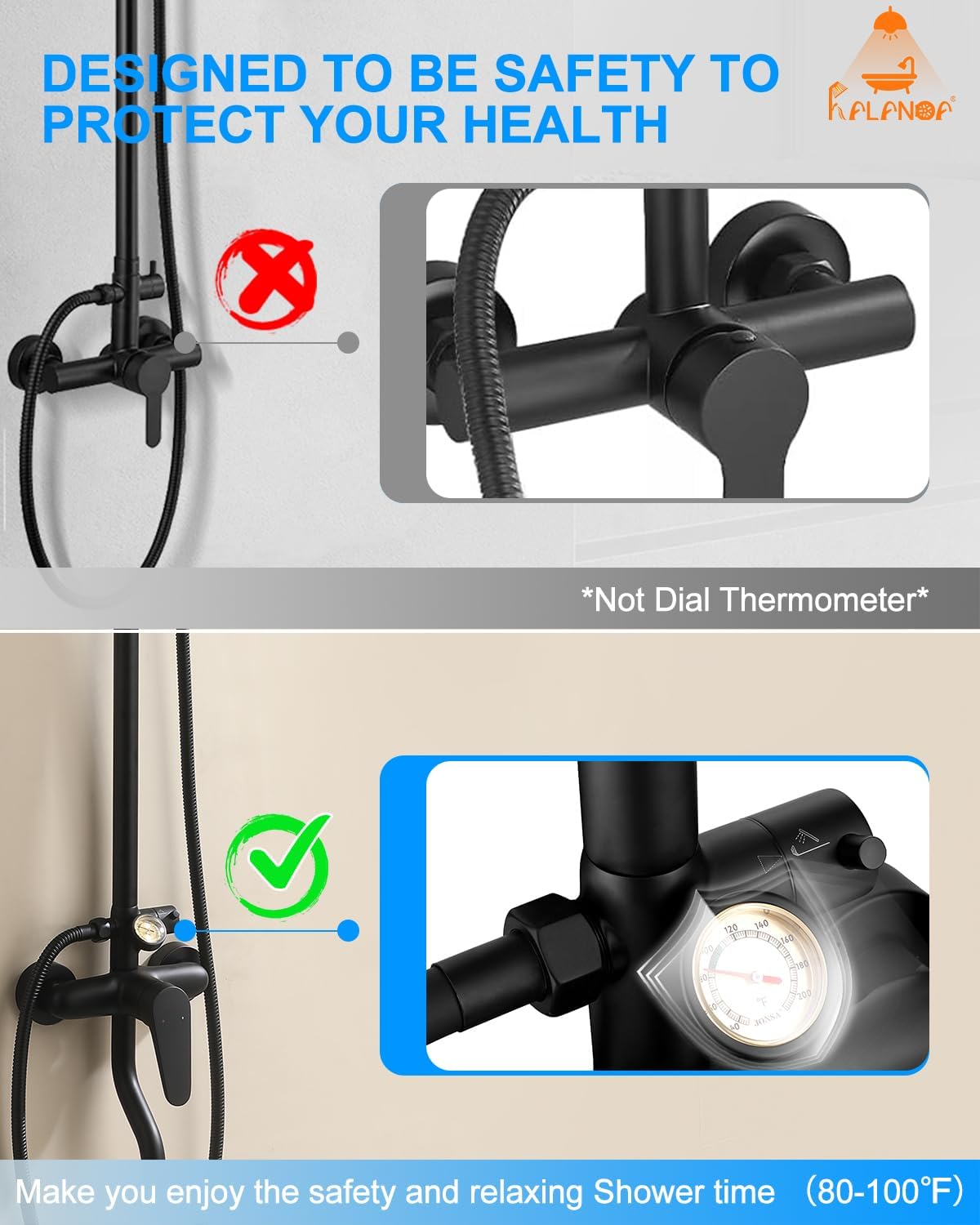 All-Metal Outdoor Shower Fixture,3 Functions Handle Tub Rainfall Shower Faucet Sets with Dial Thermometer Brass Valve, Black Exposed Shower System with 10'' Rainfall Shower Head Adjustable - Image 5