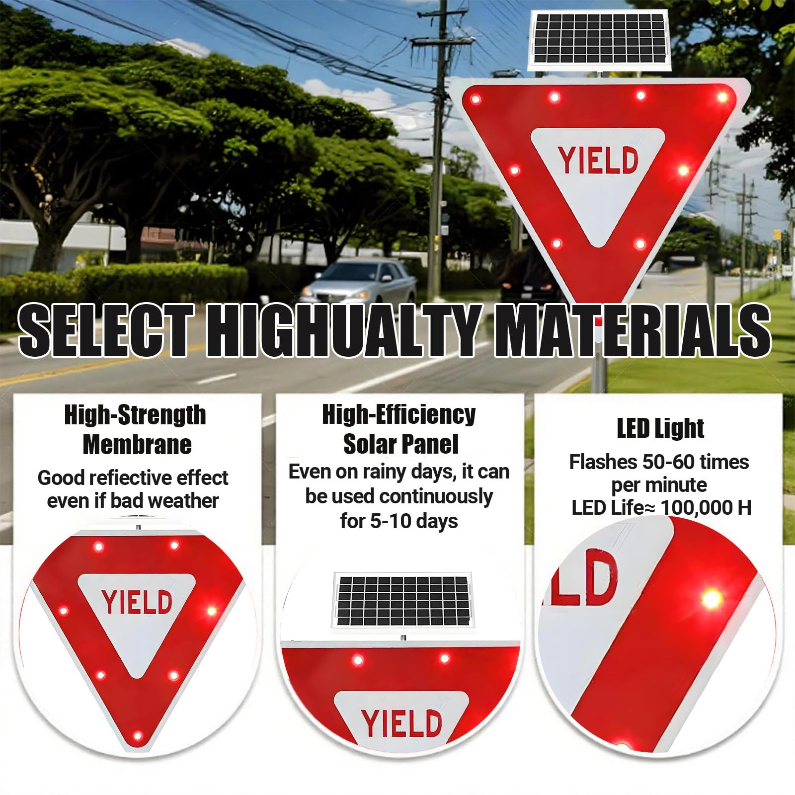 Señal De Ceda El Paso De 24/28", Señal De Advertencia De Tráfico Reflectante LED Intermitente con Energía Solar, con Forma De Triángulo Invertido Y Marco Metálico Inoxidable 2Pc-28''