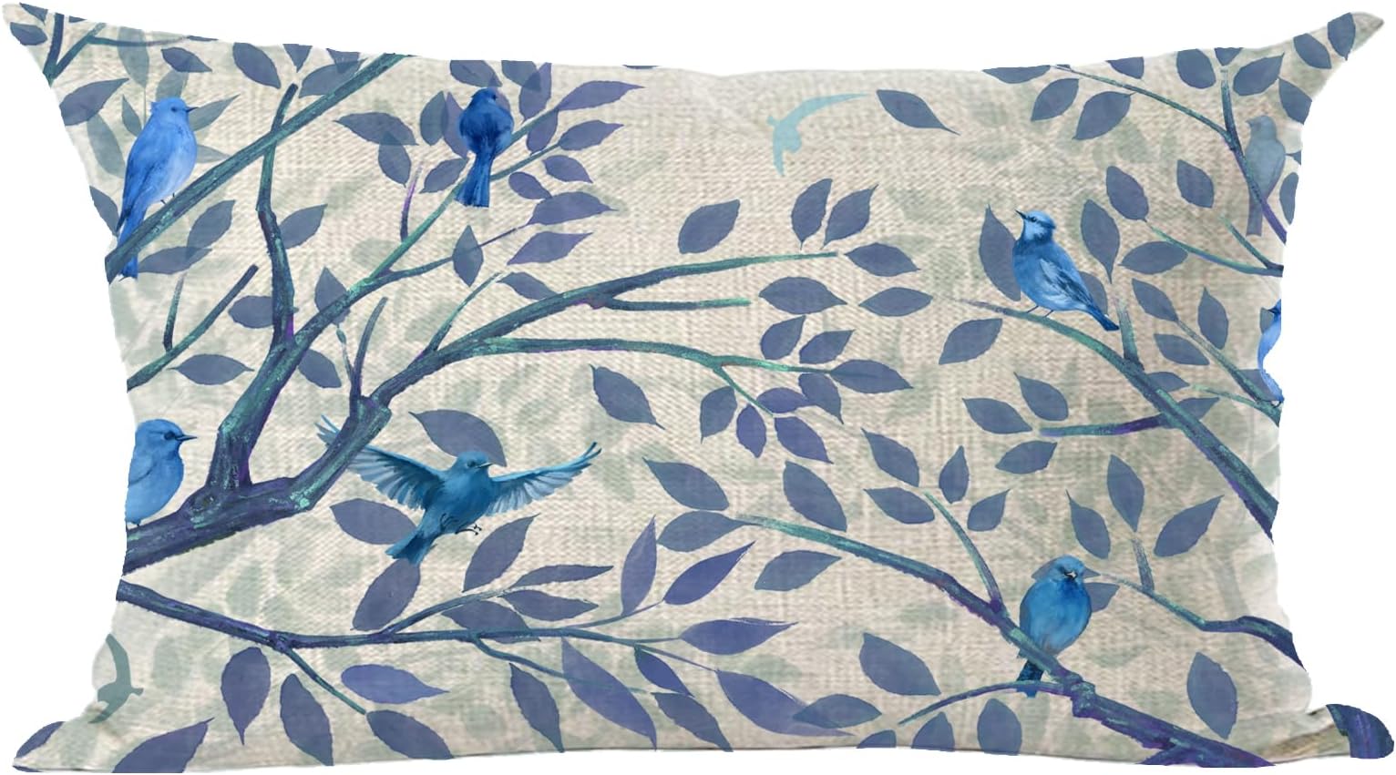 Ramirar Ink Painting Watercolor Blue Lovely Birds Tree Leaves Spring Summer Decorative Lumbar Throw Pillow Cover Case Home Living Room Bed Sofa Car Cotton Linen Rectangular 12 x 20 Inches
