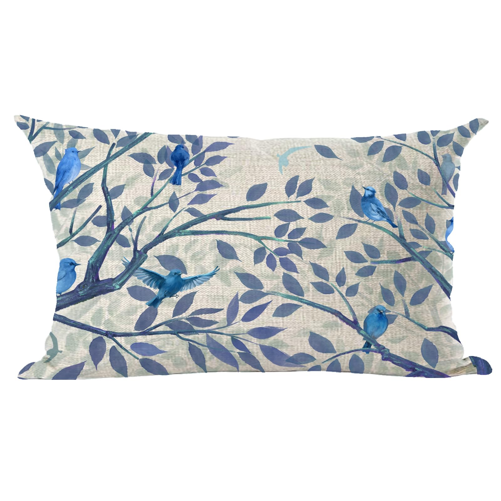 Ramirar Ink Painting Watercolor Blue Grey Lovely Birds Tree Leaves Decorative Lumbar Throw Pillow Cover Case Home Living Room Bed Sofa Car Cotton Linen Rectangular 12 x 20 Inches