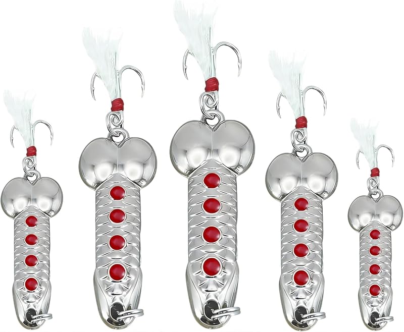 5 señuelos de pesca divertidos, equipo de anzuelos de pesca de lubina de agua superior | Cucharas de lentejuelas luminosas de Metal, broma, señuelo para peces, señuelos para truchas, cebos giratorios, mordaza para pesca de agua dulce y salada