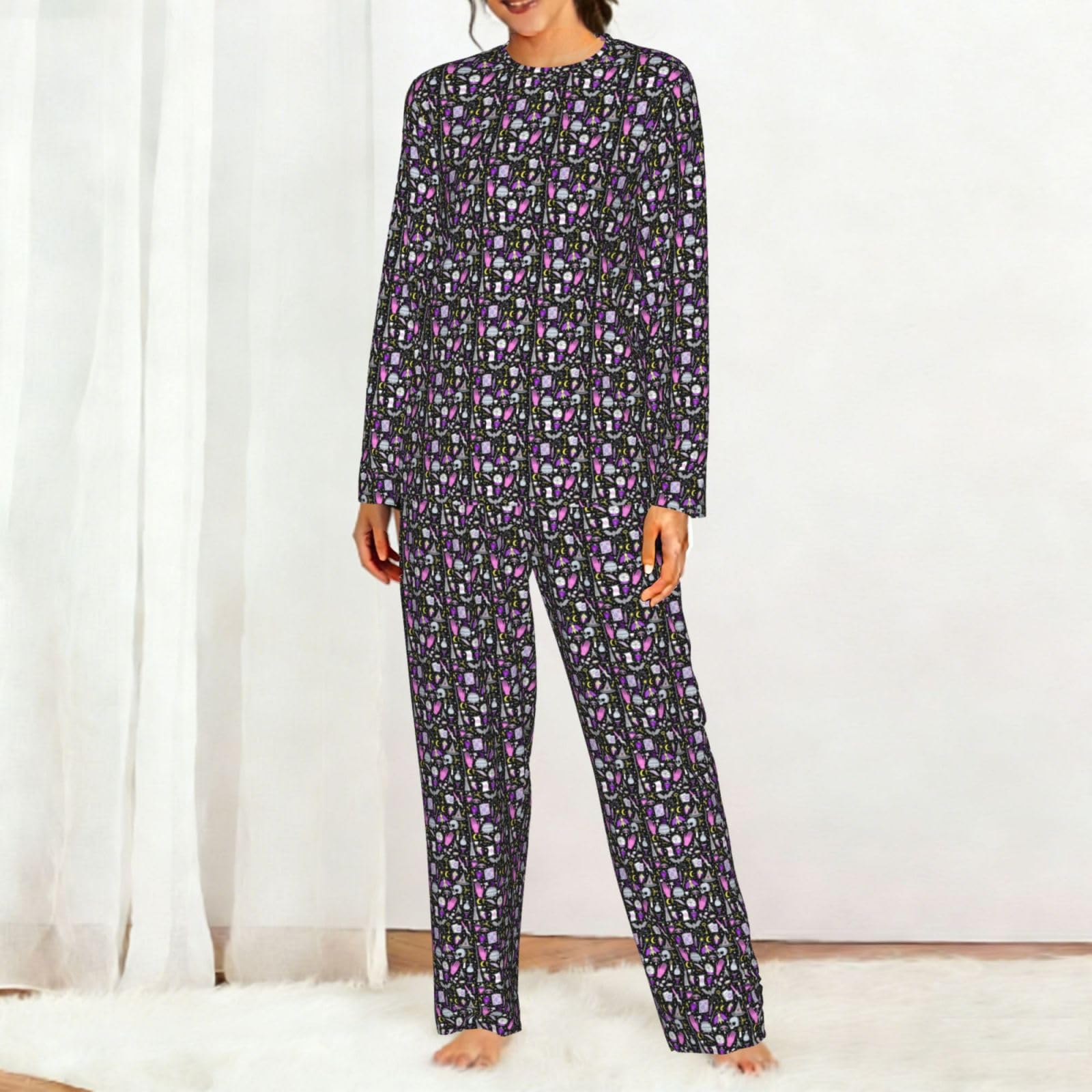 Magica Stregoneria Stregoneria Boemia Disegno Stampa Delle Donne Manica Lunga Set Pigiama Abbinamento Morbido Elastico Coulisse Casual Daywear