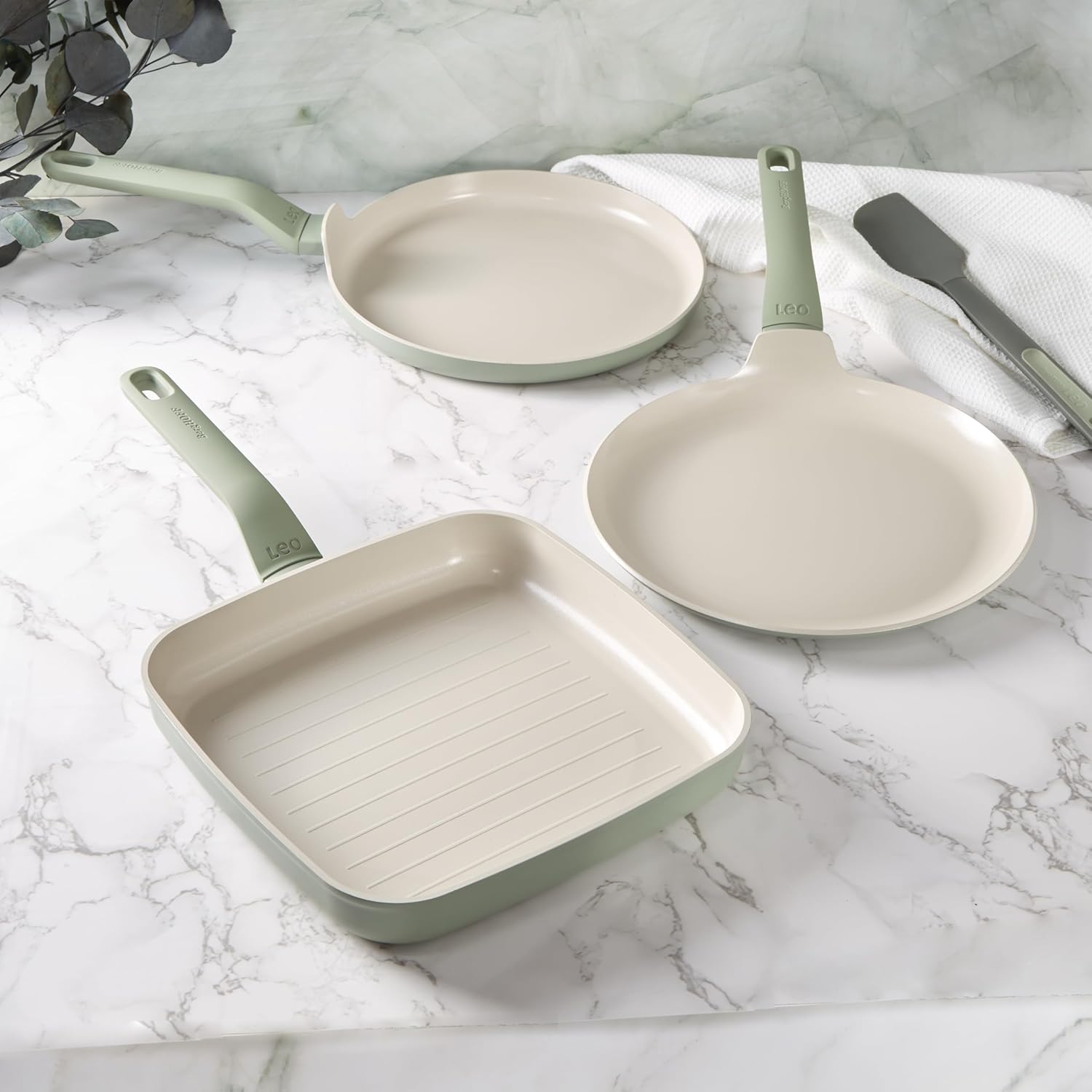 Balance 3Pc Non-stick Ceramic Specialty Cookware Set, Recycled Aluminum, Non-toxic Coating, Stay-cool Handle, Induction Pan, Healthy Cooking, Sage