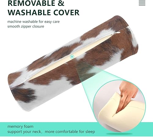 Miniatura 4 de xigua Almohada enrollable de cuello de vaca con estampado blanco y marrón para alivio del cuello con funda extraíble lavable, cojín de cilindro