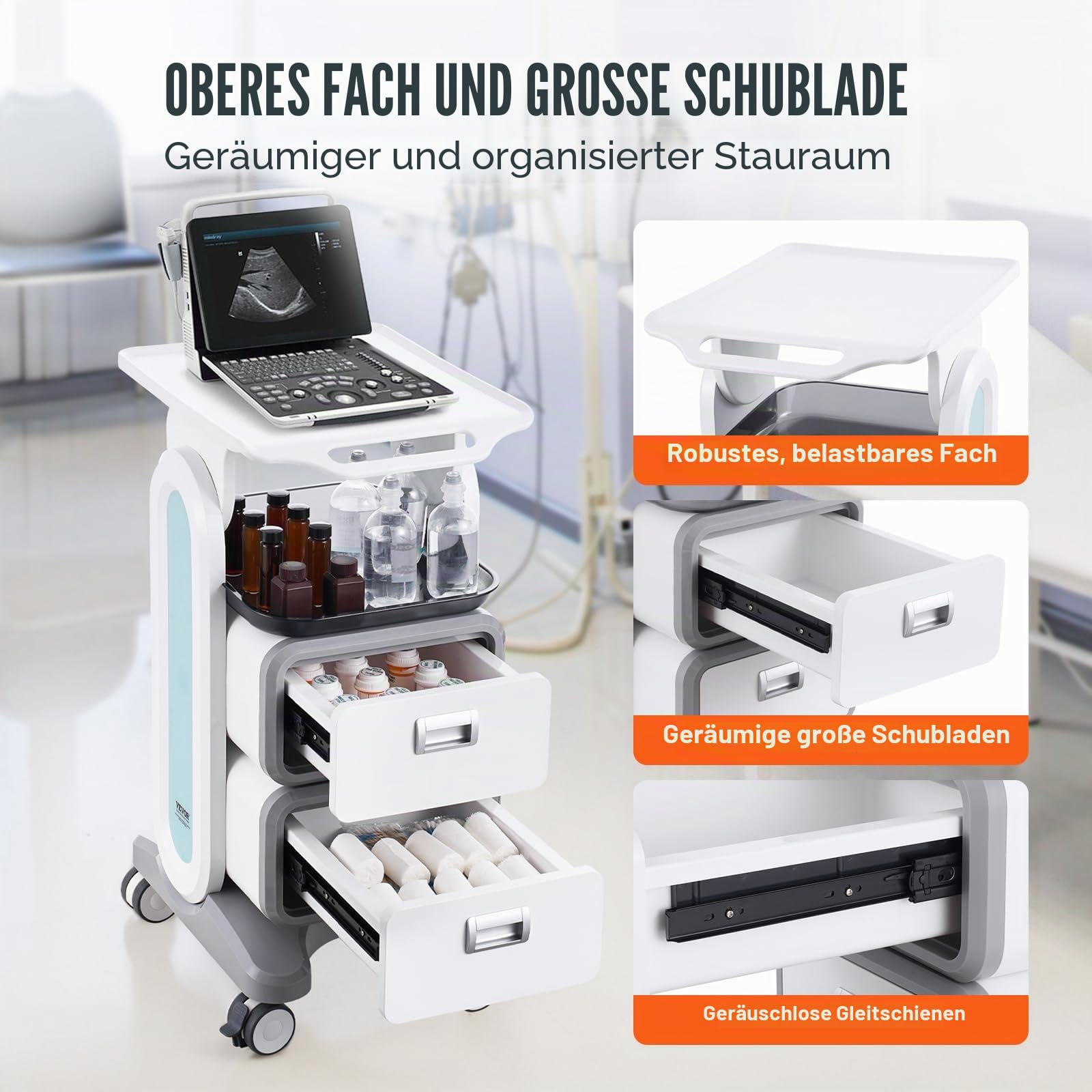 VEVOR Laborwagen Medizinwagen mit 2 Schubladen und oberer Ablage, Rollbarer Laborwagen ABS Material, 50 kg belastbarer Servierwagen Medizinischer Wagen für Labor, Klinik, Krankenhaus, Salon, weiß