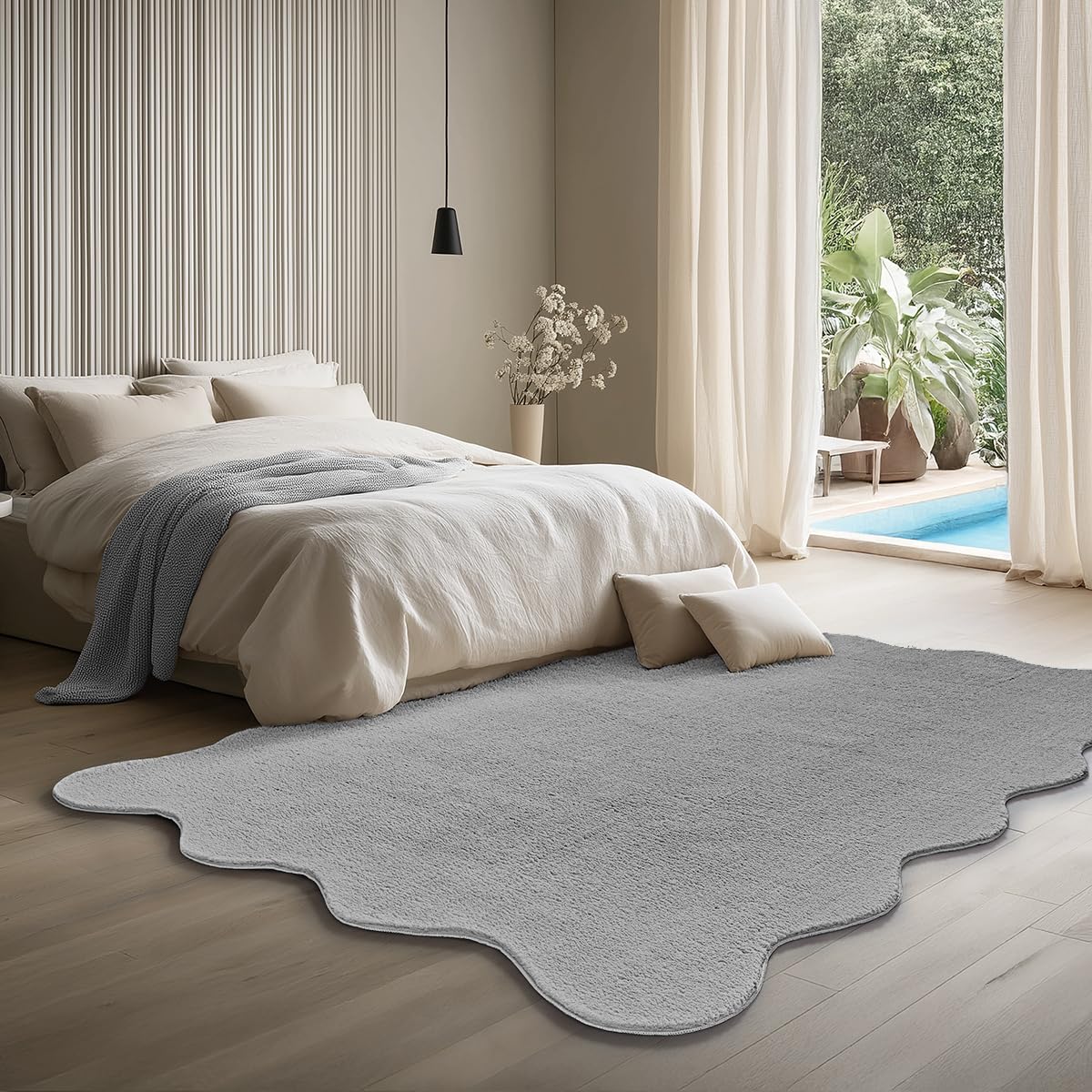 the carpet Lina Shape Scallop Rug, Faux Fur, Fluffy Rug, Non-Slip Backing, Washable, Super Soft, Grey, 160 x 220 cm
